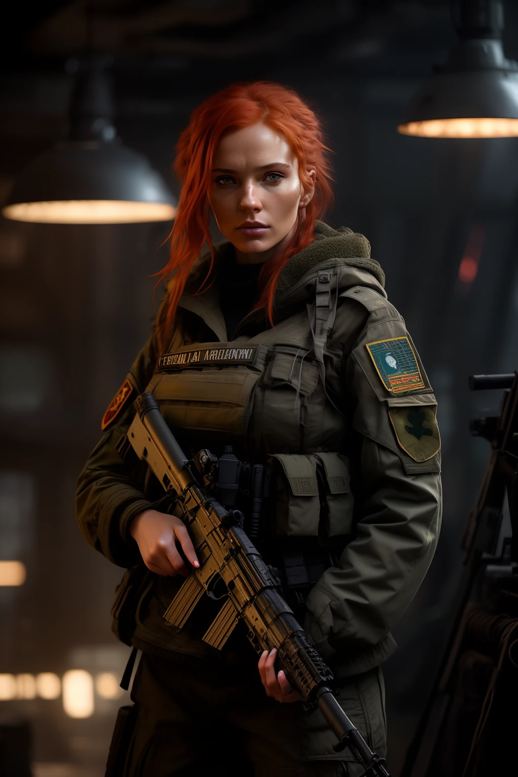 cozy, arafed woman with a rifle in a dark room, redhead female cyberpunk, infantry girl, wojtek fus, female lead character, soldier girl, eve ventrue, stunning character art, epic sci - fi character art, epic sci-fi character art, solo female character, beautiful female soldier, ready for combat, mechanized soldier girl, sci - fi character