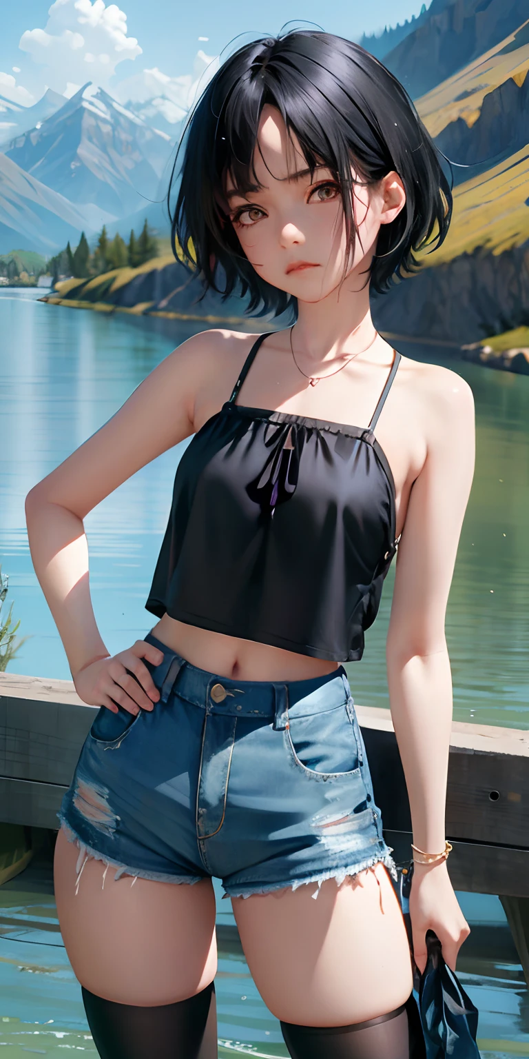 1girll, sanae_tsukimoto, Black hair, Short hair, Black eyes, Forehead, hot pant, camisole,scowling,Mountain, River