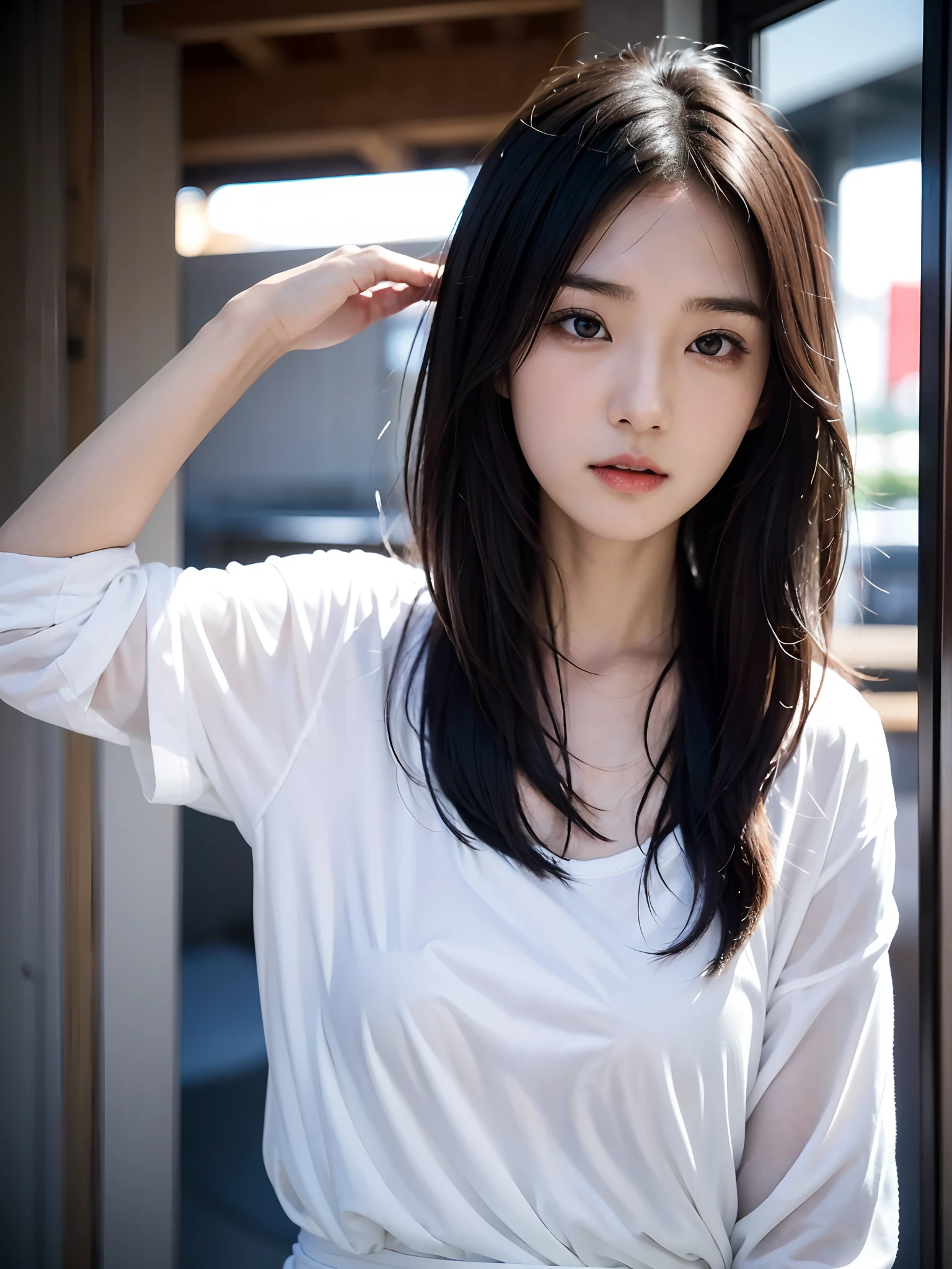 arafed woman with long black hair and a white shirt, sui ishida with black hair, chiho, ayaka, kimi takemura, shiori teshirogi, chiho ashima, yukii morita, 奈良美智, shikamimi, girl cute-fine-face