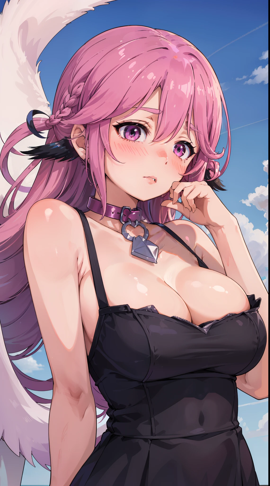Jibril, ((upper body)), blushed, perfect anatomy, detailed eyes, detailed lips, extremely detailed eyes and face, vivid colors, sharp focus, masterpiece:1.2, ultra-detailed, blushed, ((doggystyle)), (solo), ((dress)), sleeveless, ((((random hairstyle)))), ((black collar)).