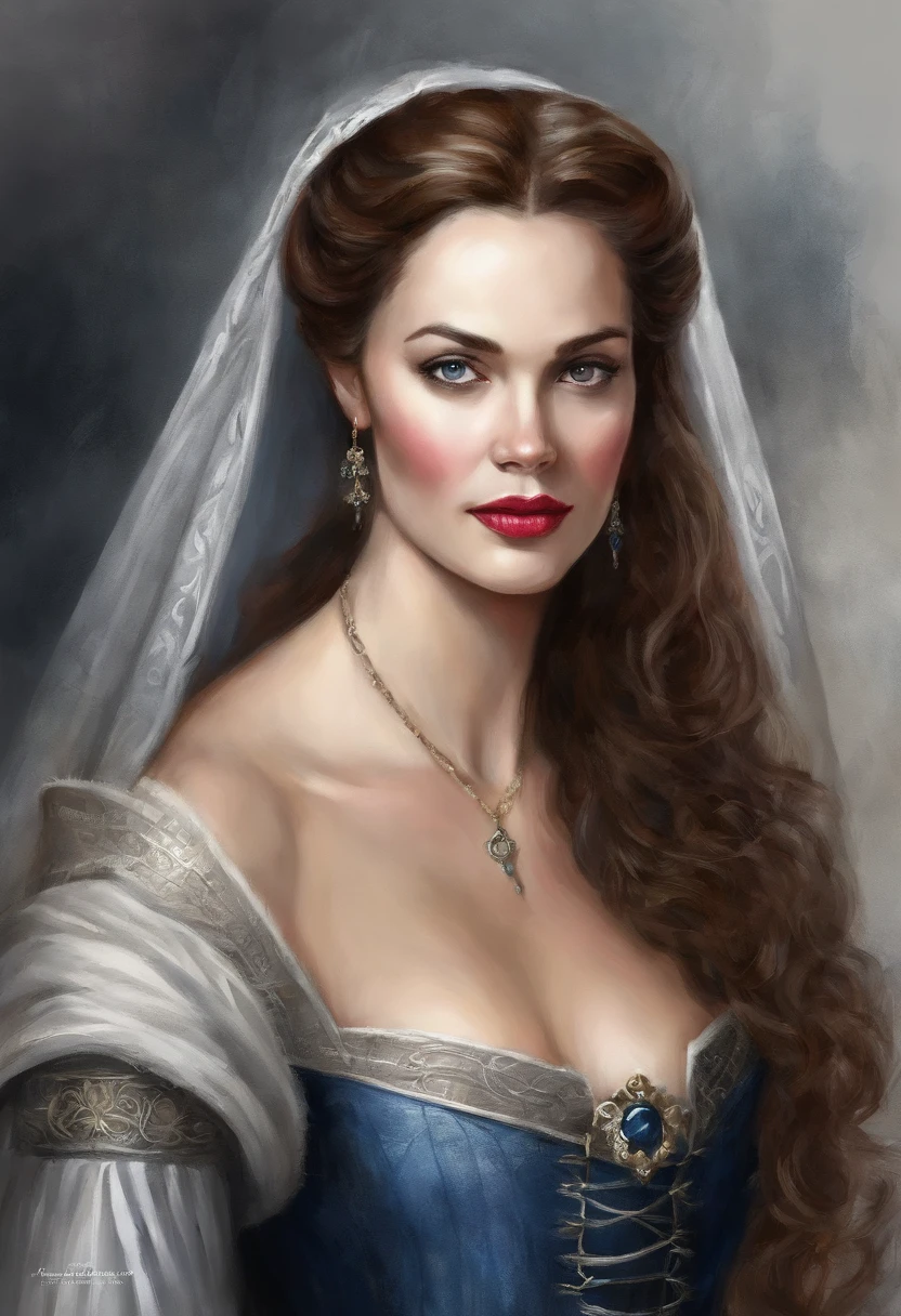 Portrait of a very beautiful medieval girl Mirena from the movie Dracula Untold (2014), female image of Mirena from the movie Dracula Untold (2014), cara muy hermosa y esbelta de Sarah Gadon, cabello largo rubio grueso, Su cabello brilla con oro, lleva un hermoso atuendo medieval europeo , Camisa de lino blanco con mangas de codo, Dark grey and tight corset, Low and wide red leather belt around her waist from Dracula Untold (2014), ojos azules, dark gray shadows on your eyelids, long, thick black eyelashes, accentuated cheekbones, hermosos labios rojos sensuales, Alrededor del siglo 15, La Edad Media, This woman is twenty-six years old -