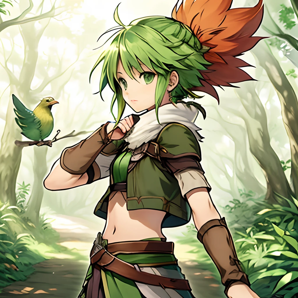 anime girl with green hair and red hair holding a bird, character art of maple story, jrpg character art, jrpg character, emerald herald, crono, art style of dark cloud 2, fantasy hunter, druid, forest hunter lady, secret of mana, art style of rune factory 5, fey queen of the summer forest, hd artwork, rogue anime girl