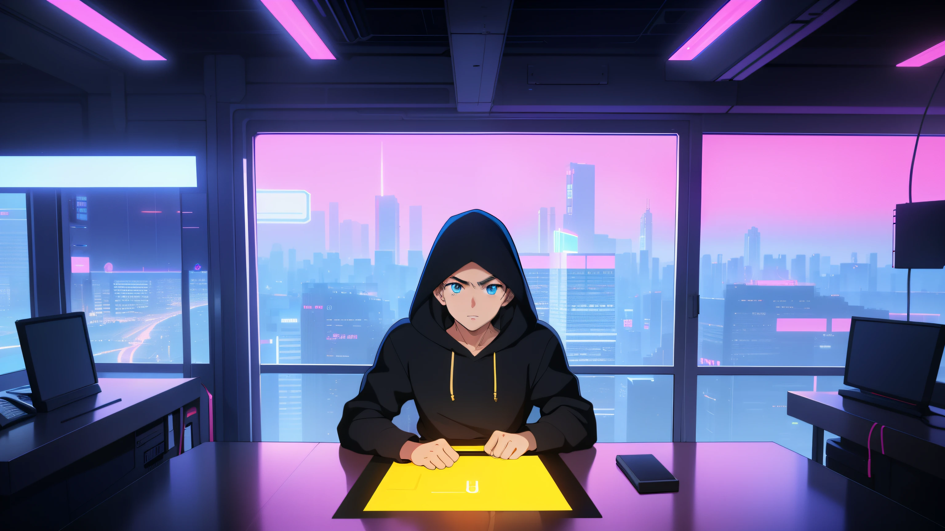 Anime character sitting at a desk with a laptop and a city view - SeaArt AI