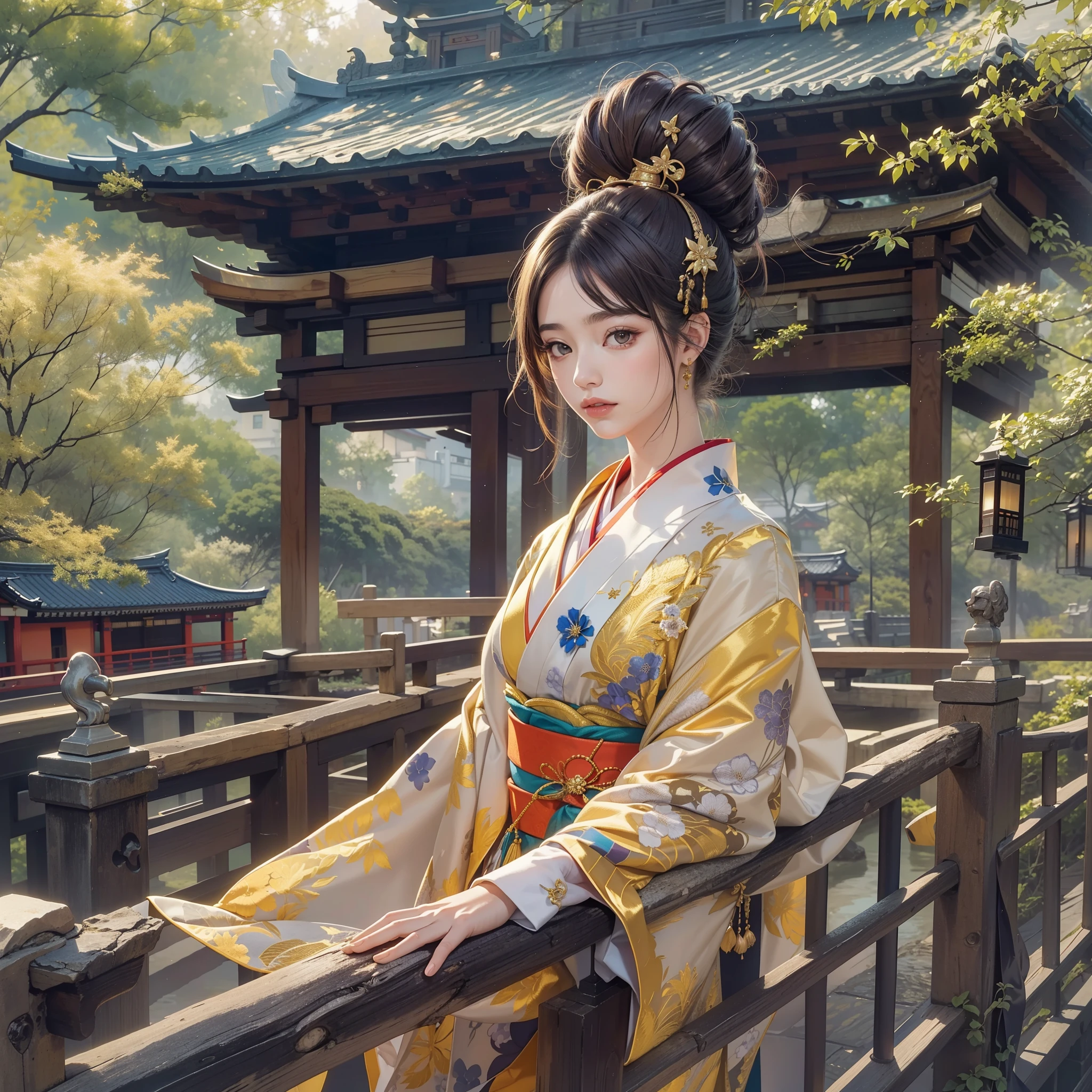 Detailed background(Bridge over a deep valley)、(Gorgeous and elegant backgrounds:1.2), (standing on a bridge:1.5)、BREAK,elaborate costume{Luxury kimono(Colorful kimono(Detailed golden embroidery,))}、(Japanese Idol(actress):1.2)(face perfect:1.2),Depict a beautiful and graceful woman of Japan。glossy dark hair,poneyTail,Heart in the eye。 Wallpapers 16K, .Blur the background with a sickle,((masutepiece)), ((Best Quality)),{{a portrait photo of}},full body Esbian、Faraway view,Like a corporate logo