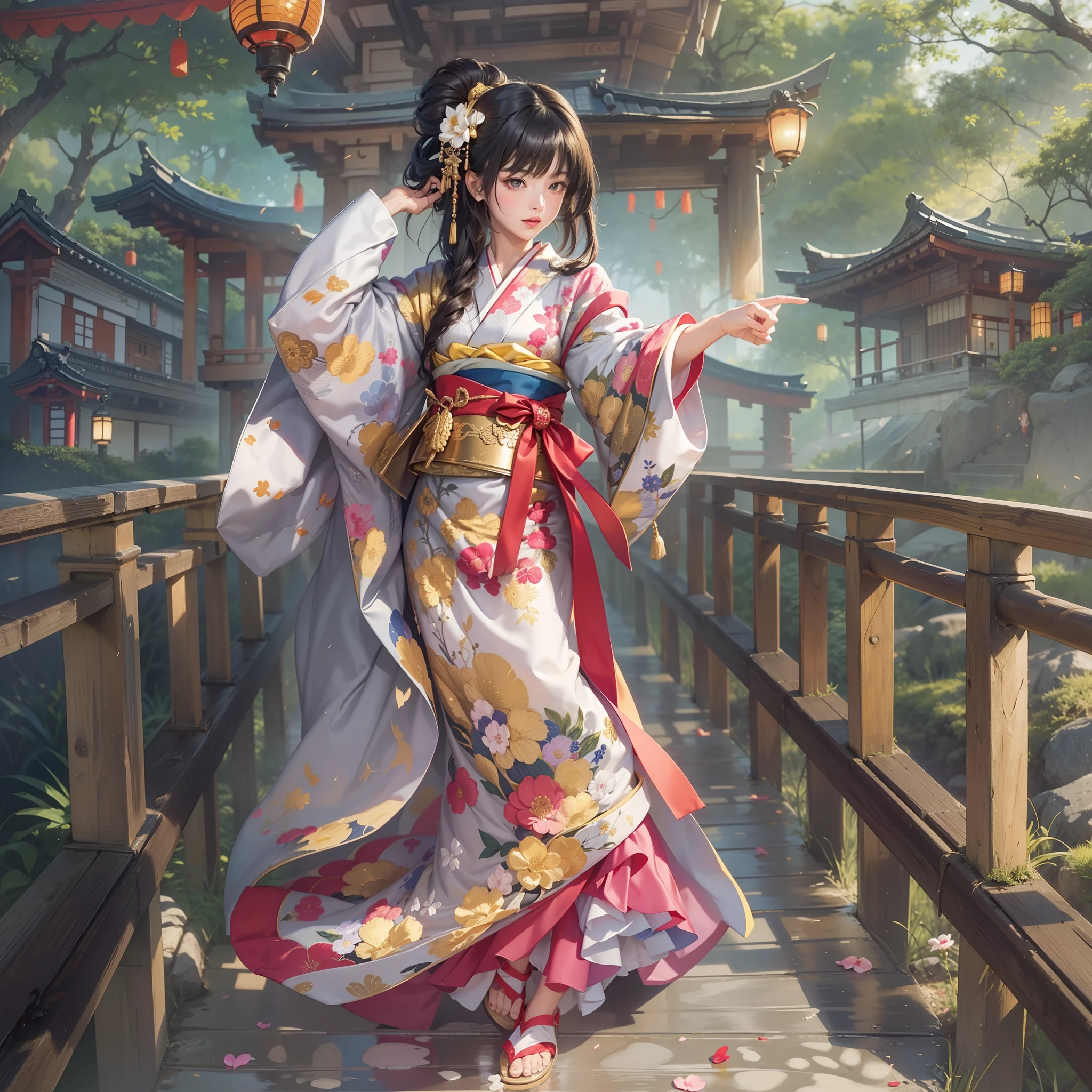 Detailed background(Bridge over a deep valley)、(Gorgeous and elegant backgrounds:1.2), (standing on a bridge:1.5)、BREAK,elaborate costume{Luxury kimono(Colorful kimono(Detailed golden embroidery,))}、(Japanese Idol(actress):1.2)(face perfect:1.2),Depict a beautiful and graceful woman of Japan。glossy dark hair,poneyTail,Heart in the eye。 Wallpapers 16K, .Blur the background with a sickle,((masutepiece)), ((Best Quality)),{{a portrait photo of}},full body Esbian、Faraway view,Like a corporate logo