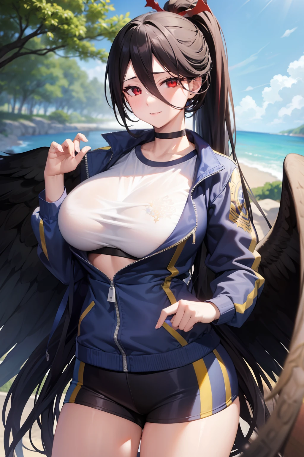 Blue Archive Hasumi, hasumi, Black hair, hair between eye, Long hair, Mole, mole in breast, Mole under the eyes, (Red Eyes:1.5), Wings, Black wings, low wings, Feathered wings, (large full breasts:1.2),Blake Blue Jacket, Blue shorts, Choker, 鎖骨, gymnastic suit, High Ponytail, Jacket, Long sleeves, official alternate costume, Shirt, Short shorts, Shorts, White shirt,BREAK looking at viewer, BREAK (masutepiece:1.2), Best Quality, High resolution, Unity 8k壁纸, (Illustration:0.8), (Beautiful detailed eyes:1.6), extra detailed face, Perfect Lighting, extremely details CG, (Perfect hands, Perfect Anatomy),plein air、outside of house、a smile