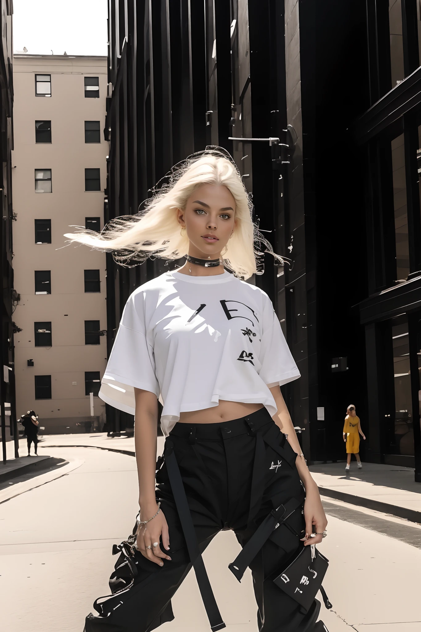 1girl, Young pretty white girl, Hot-top model, longue blonde hair, closed mouth, in a white oversized T-shirt (T-shirt only white) and black Acronym J36-S and Acronym P30A-DS pants and black and white sneakers, body piercings, in the city, (((dynamicpose))), instagram model, 80mm