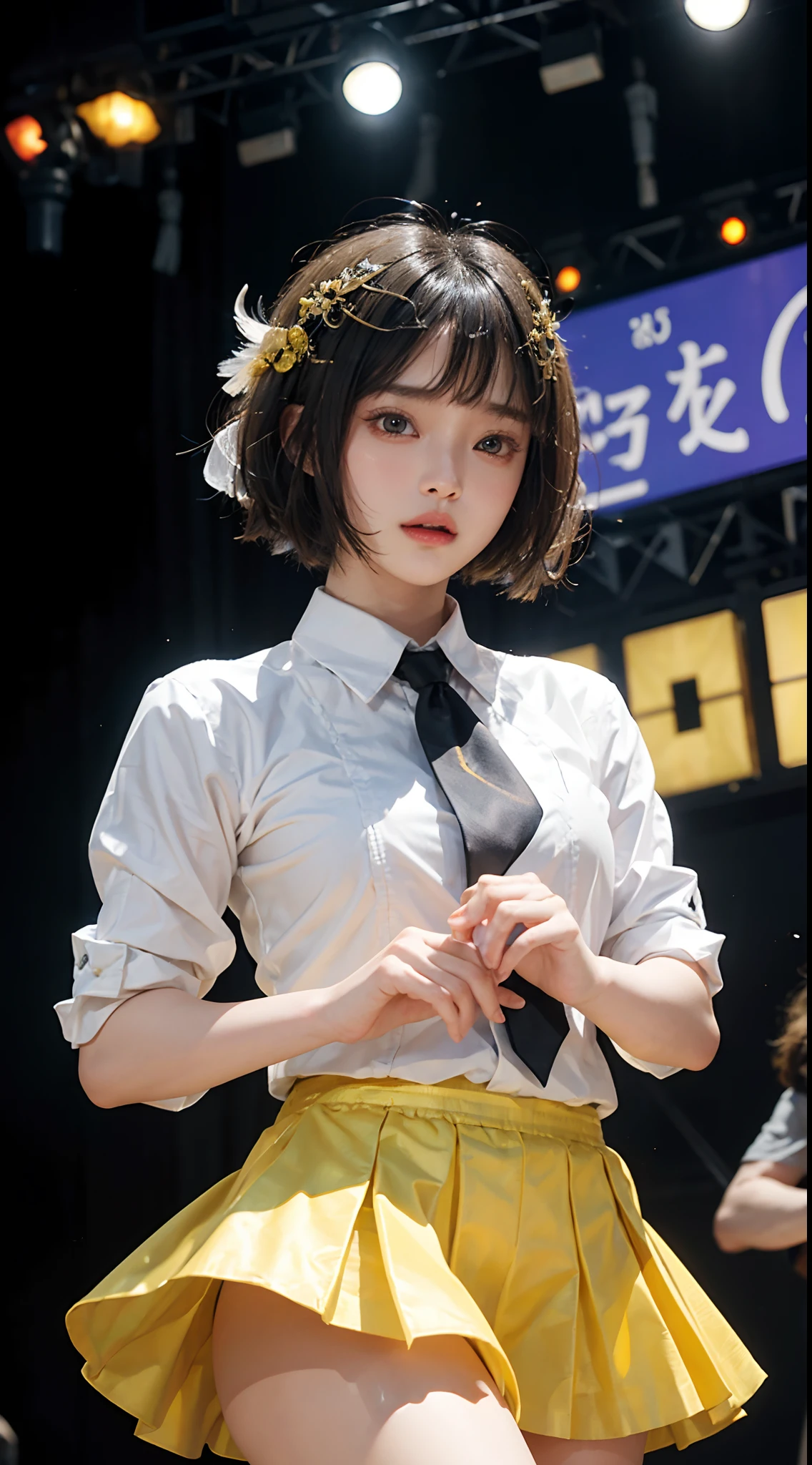 masterpiece、1 Beautiful Girl、A detailed face、A detailed eye、Detailed skin、Detailed hand、top-quality、Illuminated from the front with bright lighting、profetional lighting、Facing straight ahead、The background is a little blurry、The costumes are idol costumes like AKB48(Check short skirt、Jacket feather hair ornament、Cute tie)、Background above live stage(Dancing)、
Some parts of the costume and hair ornament are yellow、
Hairstyle is short hair、With bangs、
Age is 20 years old、
The right arm is spread wide、
The color of the eyeball is black、
Part of the hair is yellow、