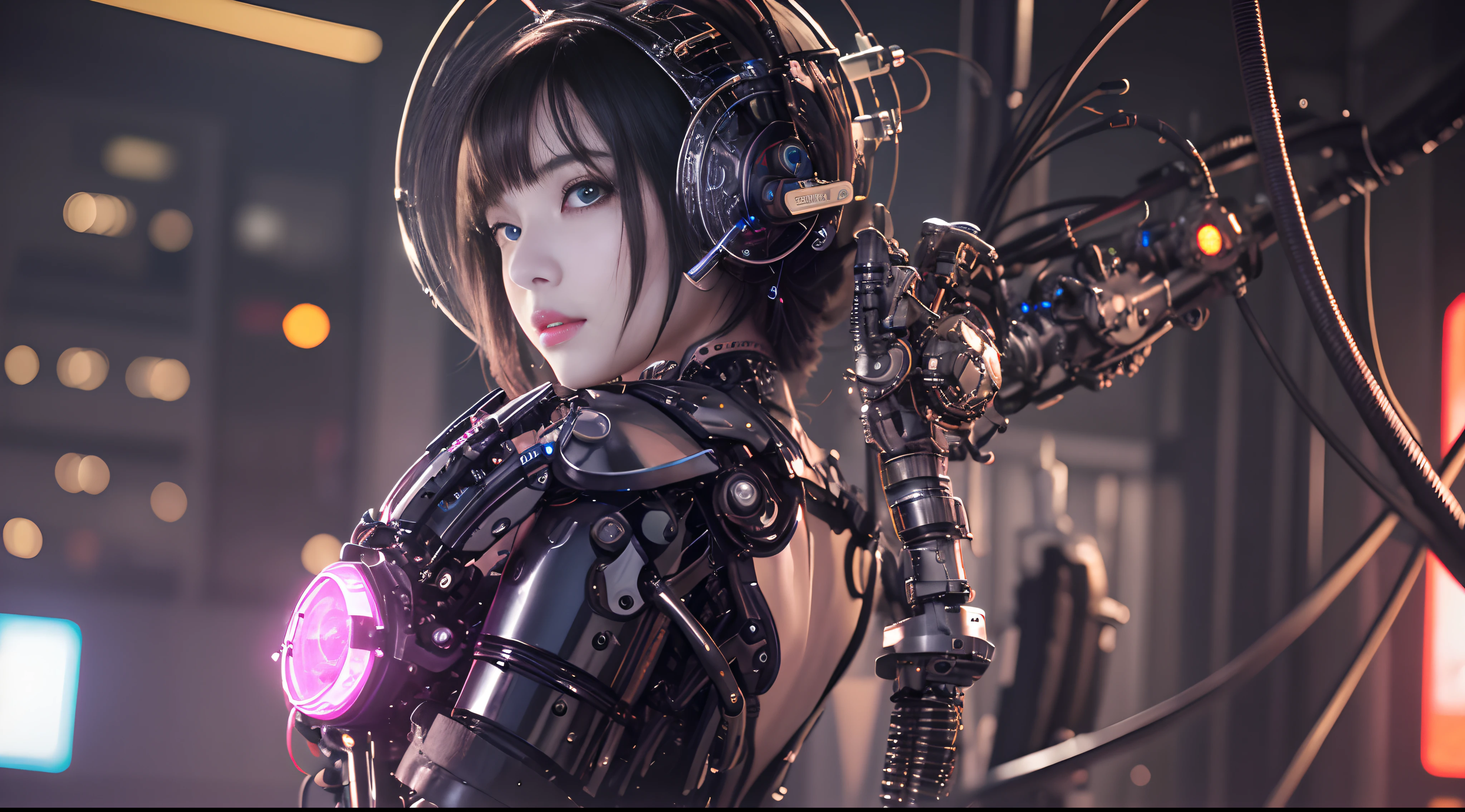 最好质量、巨作、ultra-high-resolution、(photoreallistic:1.4)、Raw photo、女の子1人、Black hair、glowy skin、Cyberpunk Girl、((hyper realistic detail))、portlate、Global Illumination、Shadow、octane rend、in 8K、ultrasharp、big tit、Raw skin is exposed in cleavage、metals、Details of complex ornaments、Gothloli details、Luminous tube、Analog Meter、cog、gear、Golden hydraulic cylinder、hyper intricate details、Realistic light、CGSoation Trends、purple colored eyes、eyes glowing、Facing the camera、neon details、Mechanical limbs、blood vessels connected to tubes、Mechanical vertebrae attached to the back、mechanical cervical attaching to neck、sitting on、Wires and cables connecting to the head、Small LED lamp、