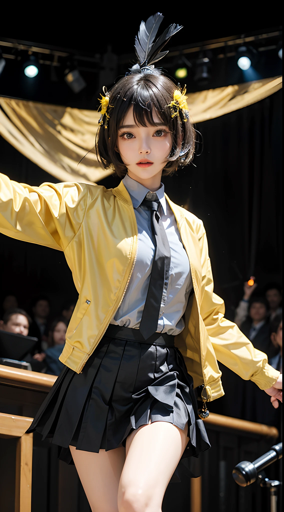 masterpiece、1 Beautiful Girl、A detailed face、A detailed eye、Detailed skin、Detailed hand、top-quality、Illuminated from the front with bright lighting、profetional lighting、Facing straight ahead、The background is a little blurry、The costumes are idol costumes like AKB48(Check short skirt、Jacket feather hair ornament、Cute tie)、Background above live stage(Dancing)、
Some parts of the costume and hair ornament are yellow、
Hairstyle is short hair、With bangs、
Age is 20 years old、
The right arm is spread wide、
The color of the eyeball is black、
Part of the hair is yellow、