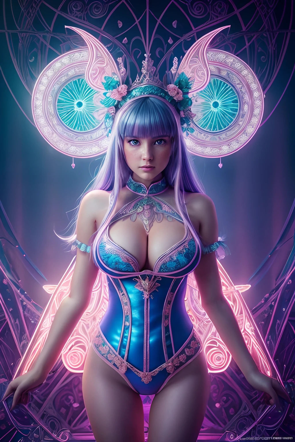 Highly detailed portrait of a girl in a neon fairytale world, wearing a fantasy costume, ((busty)) symmetrical face, symmetrical eyes, looks into the camera, stunning photography, photorealistic, art station, soft pastel colours, highly detailed, intricate, path tracing, illustration, insanely detailed, shadow mapping volumetric light, specular lighting