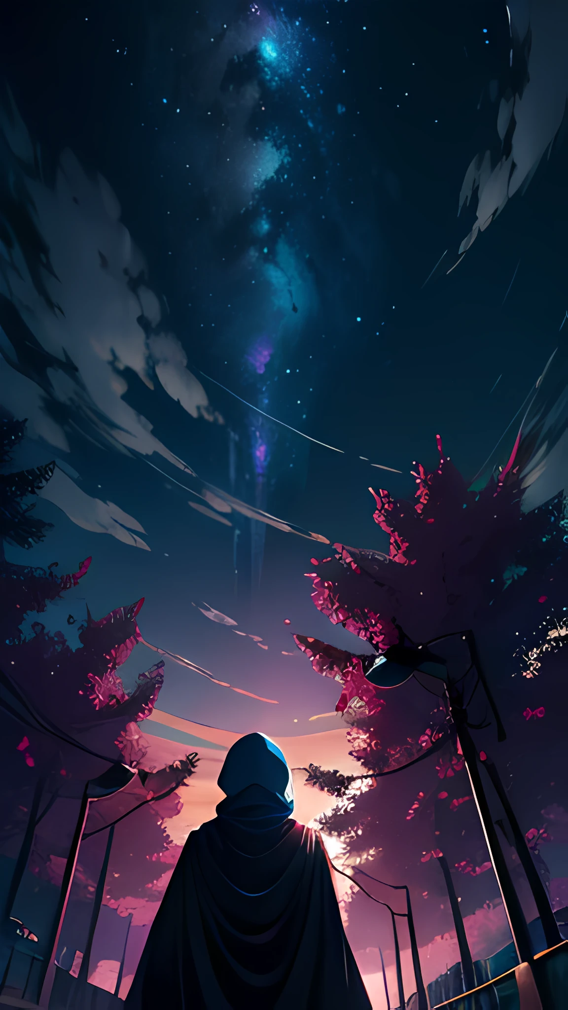 fotografia de paisagem expansiva, (View from below with a view of the sky and street below), muslim girl standing in a field of flowers looking up, (pegue a chave: 1.2), (estrela cadente: 0.9), (nebulosa: 1.3), cidade distante, tree breaking production art, (fonte de luz quente: 1.2), (neon: 1.2), bulb, roxo e laranja, detalhe intrincado, volume lighting BREAK (obra-prima: 1.2), (mais alta qualidade), 4k, ultra-detalhado, (Dynamic configuration: 1.4), Detalhes altamente detalhados e coloridos (iridescente: 1.2), (Sparkling lighting, Atmospheric Illumination), sonhador, Magia, (sozinho: 1.2), muslim, hijab, hijab blown by wind