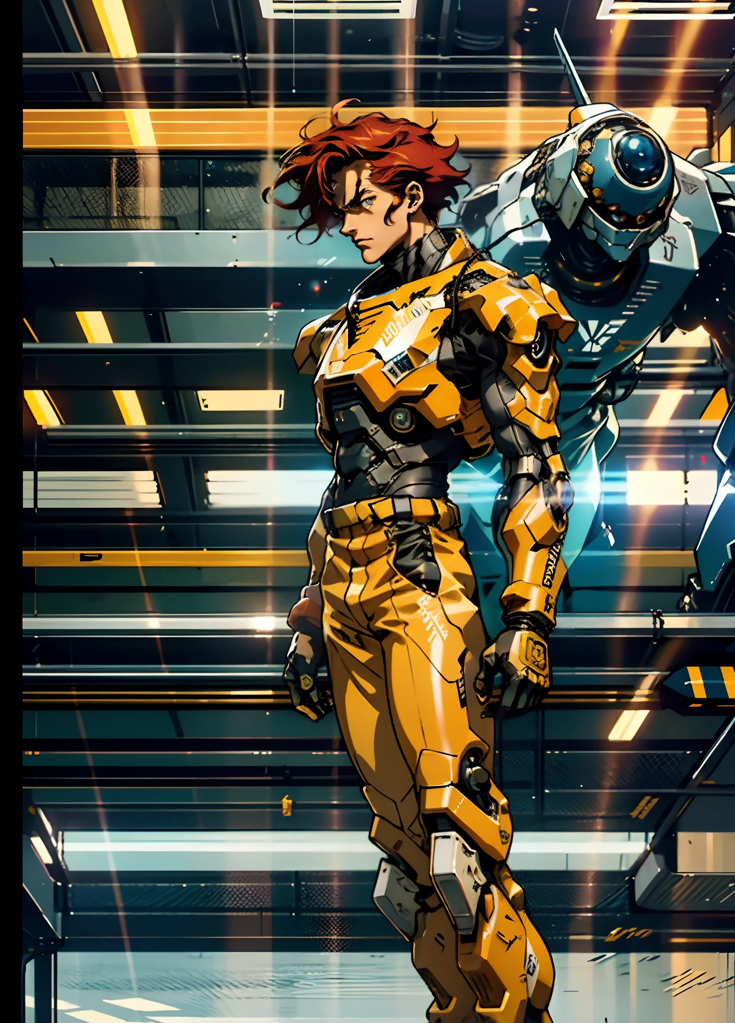 A man with short red-gold hair, hair slicked back, thick and disheveled hair, a cold and ruthless gaze, a confident expression, wears a two-piece futuristic military-style uniform, primarily in shades of white and red, accented by touches of yellow, streamlined wristguard gloves, matching trousers, he stands in a futuristic sci-fi-style hangar housing a colossal mech, stands within a futuristic sci-fi hangar, where a colossal mech is stationed, this character embodies a finely crafted futuristic military officer in anime style, characterized by an exquisite and mature manga illustration art style, high definition, best quality, highres, ultra-detailed, ultra-fine painting, extremely delicate, professional, anatomically correct, symmetrical face, extremely detailed eyes and face, high quality eyes, creativity, RAW photo, UHD, 8k, Natural light, cinematic lighting, masterpiece:1.5