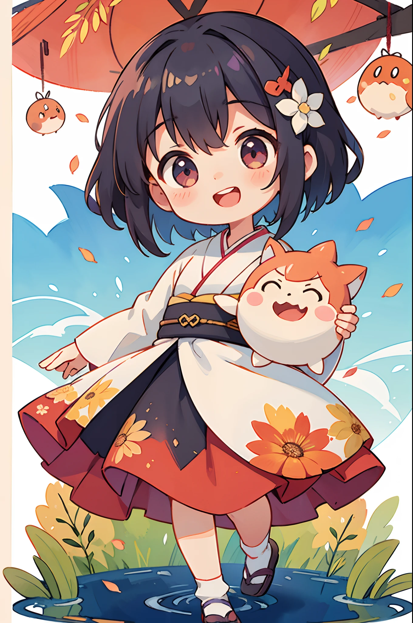 photoRealstic、Nedroid in wedding dress arranged in kimono standing in front of the painting、Open mouth and big smile、watercolor Nendoroid、(High Definition Figure)、Flowing iridescent silk、up of face、Eye Up、Eyes are hearts、Floral dress、wave her hand、There are also flowers in front of the nendroids、flower petals、season!!: 夏天☀ 🍂