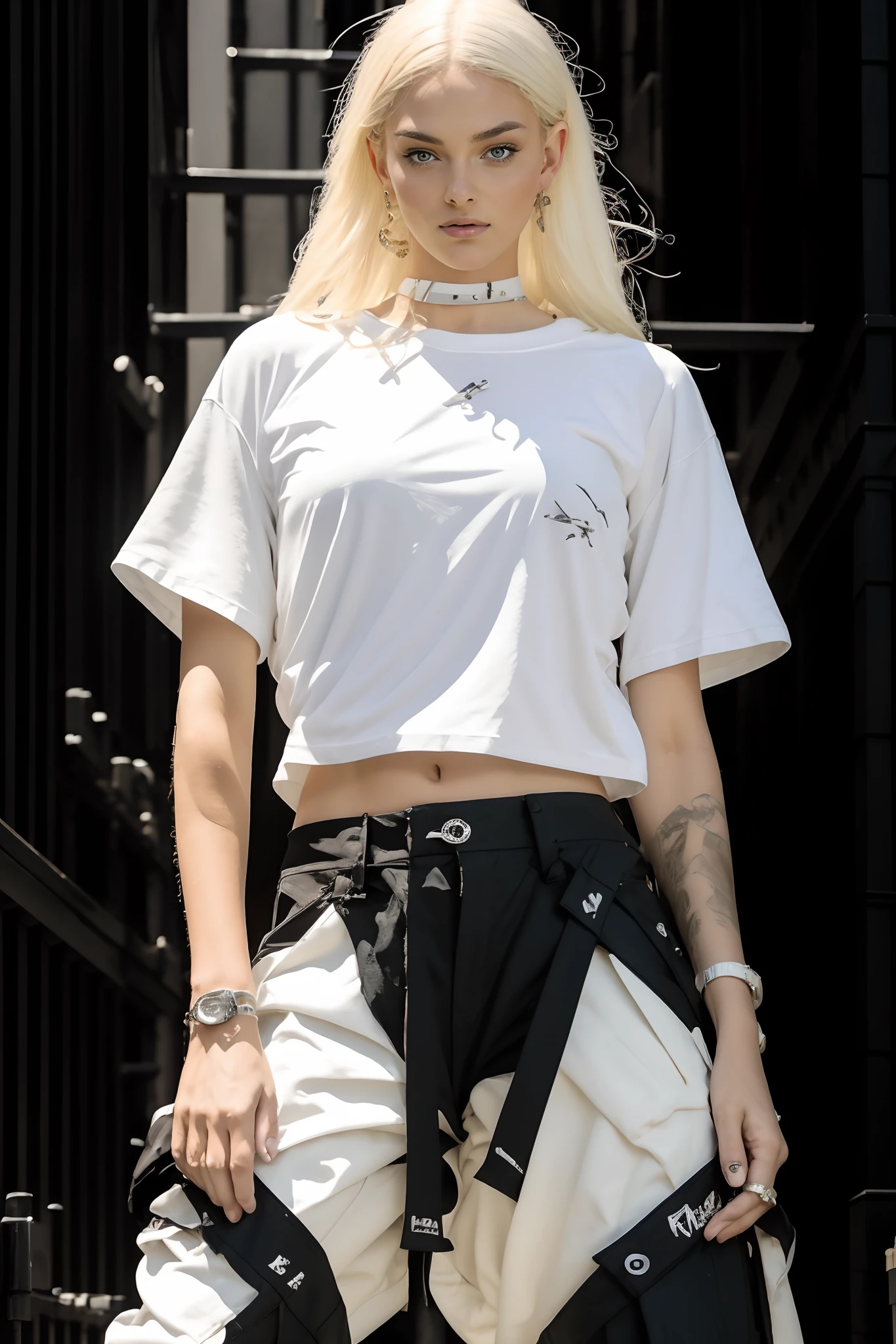 1girl, Young pretty white girl, Hot-top model, longue blonde hair, closed mouth, in a white oversized T-shirt (T-shirt only white) and black Acronym J36-S and Acronym P30A-DS pants and black and white sneakers, body piercings, in the city, (((dynamicpose))), instagram model, 80mm
