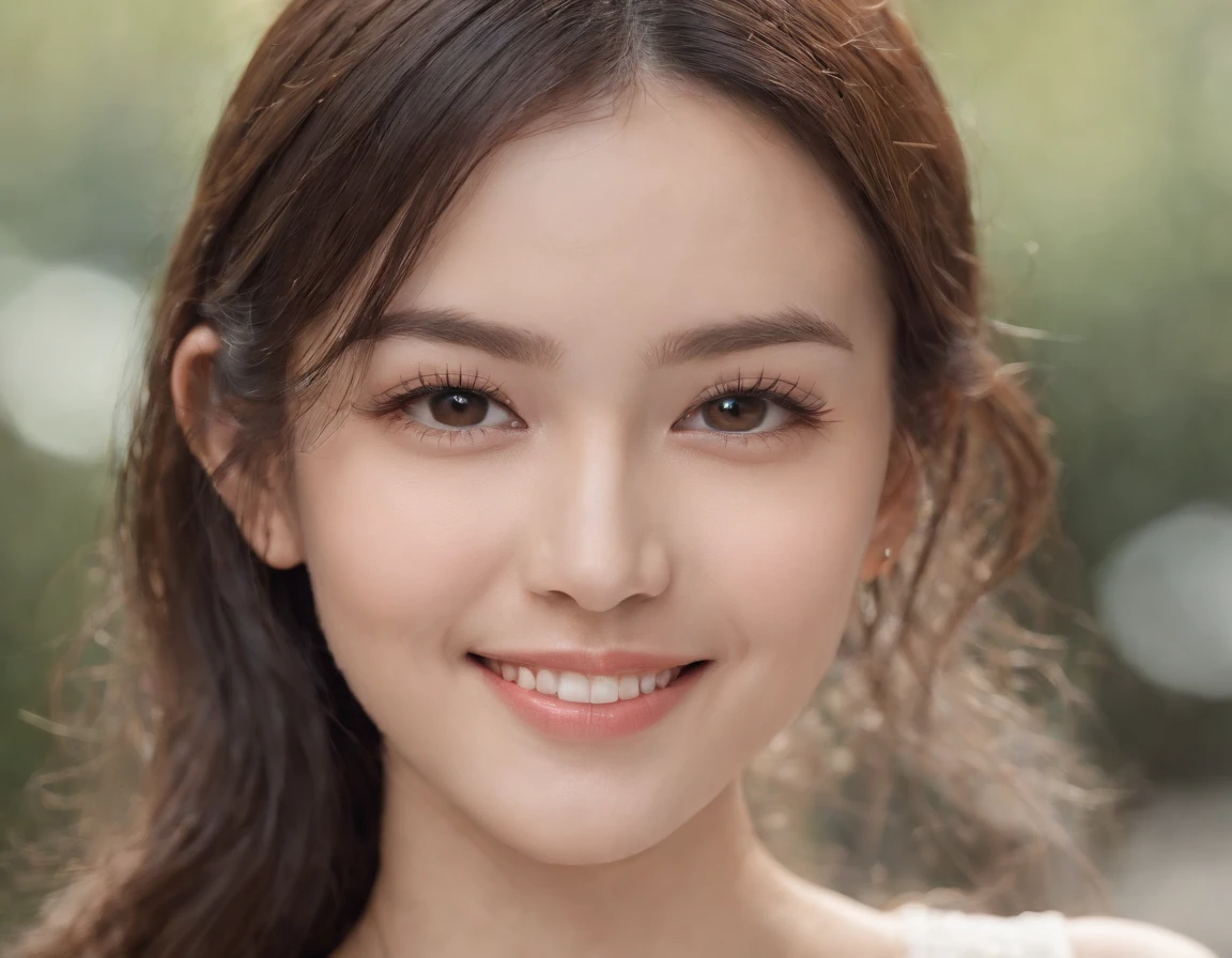 xxmixgirl, a beautiful girl, ((macro photography)), the background is Jiuzhaiou, realistic portrait, smiling happily, fair skin, black hair, beautiful skirt, 50mm, Canon, no watermark, highly realistic, unique facial features , relaxed and happy, Hasselblad h6d -400c, close-up, happy, optimistic,
