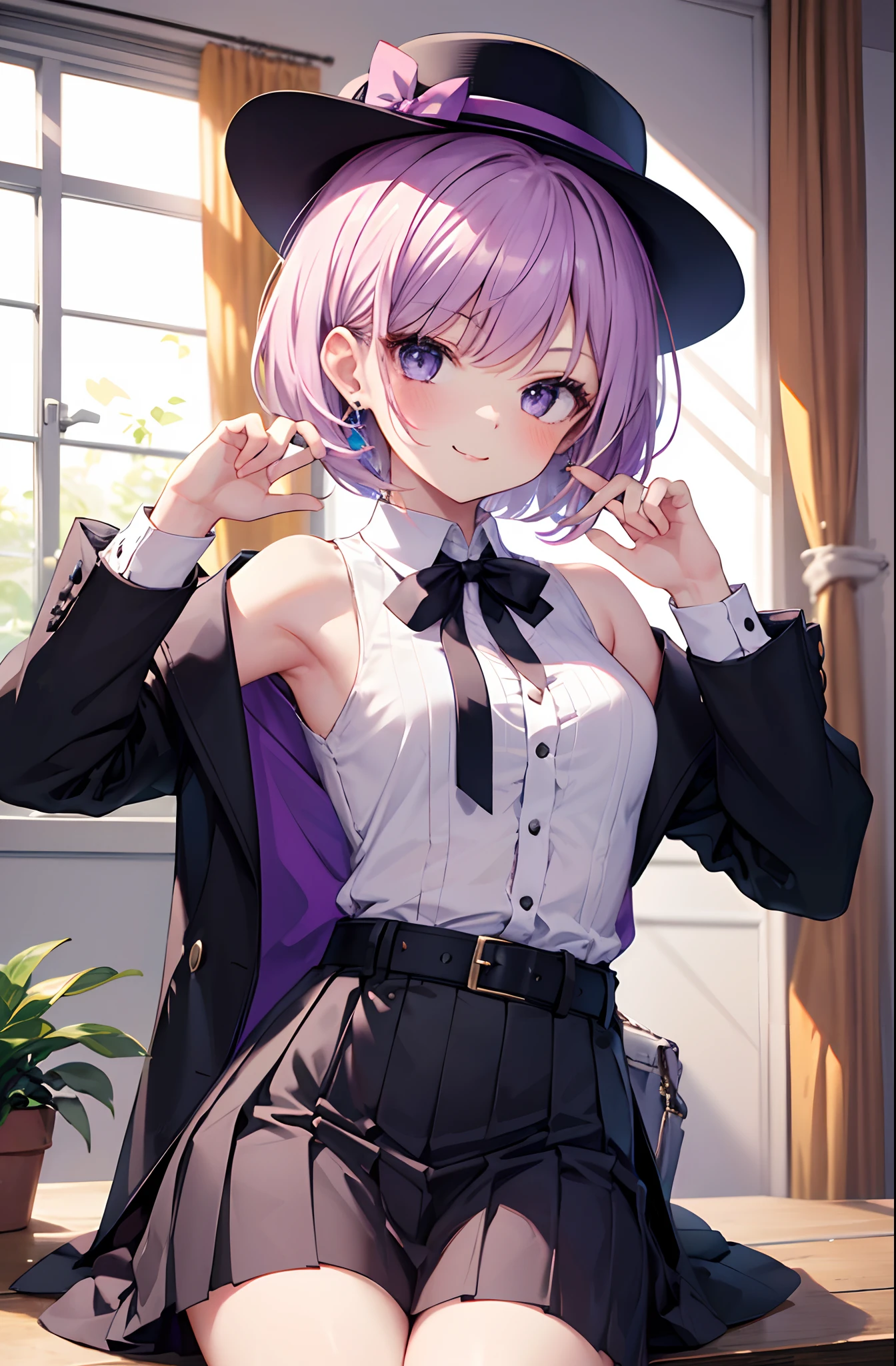 1girl, solo, short hair, short bob hair, beautiful and cute pose,, armpit, side boob, joyful smile, bowtie, skirt, jewelry, belt, indoor, light purple shirt, neck ribbon, sleeveless, unbuttoned, cardigan, cute black hat