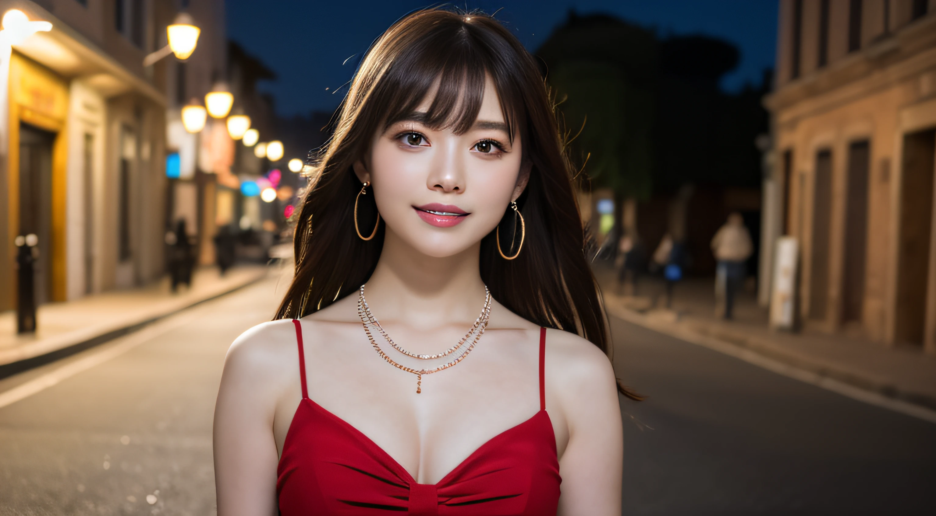 Best Quality, masutepiece, High resolution, 1girl in, Beautiful face, slenderbody、Hair Accessories, Smiling, closes mouth, Beautiful lips, Dress, Hair Accessories, Necklaces, Jewelry, Long hair, earrings, Beautiful face, On the body, Tindall Effect, Realism, Standing by a bright red convertible in the streets of Rome、 Edge lighting, Two-tone lighting, (High Detail Skin: 1.2), 8K UHD, Digital SLR, Soft light, High quality, Volumetric lighting, Photo, high-definition4K, 8K, Clear backgrounds