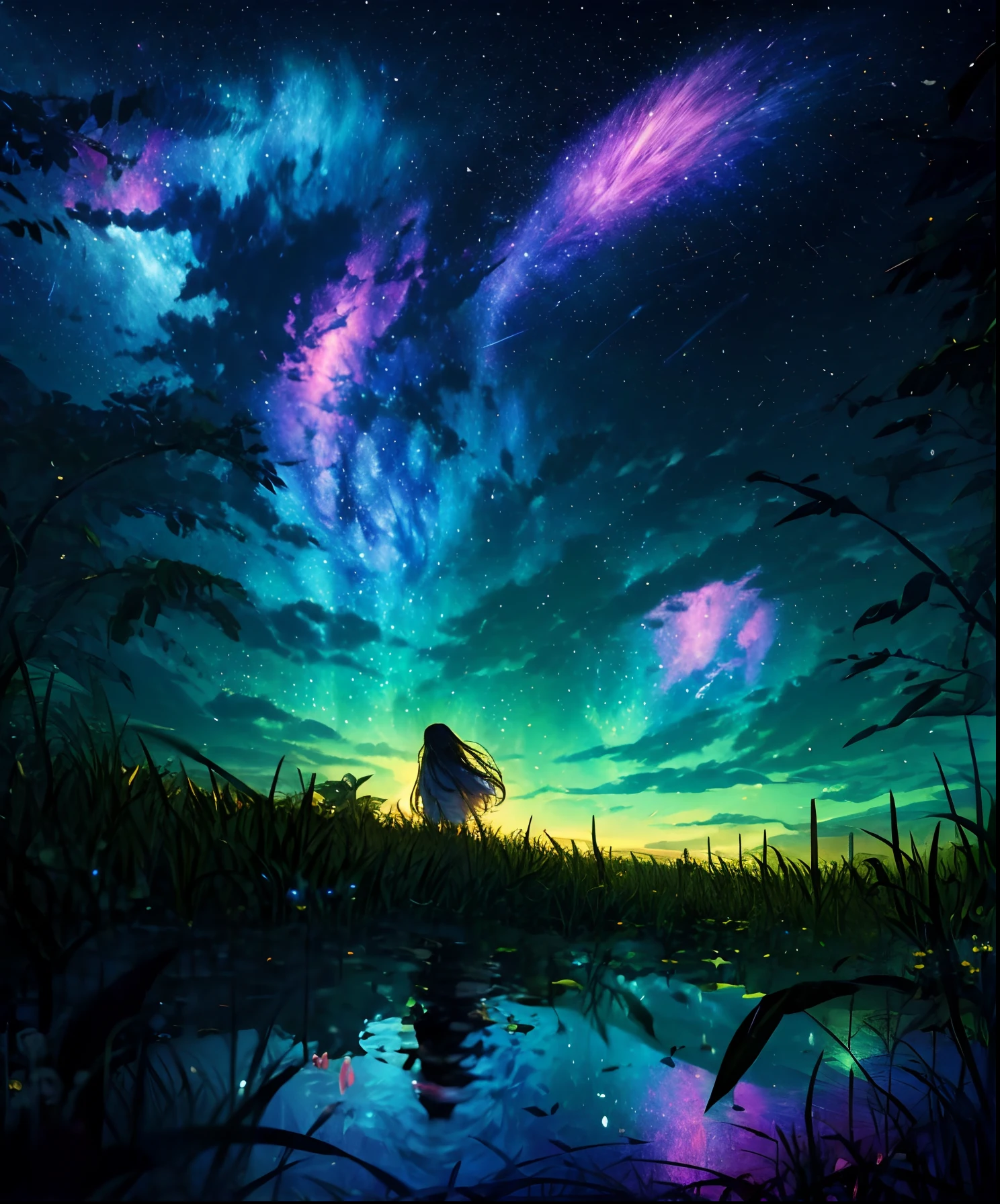 Cute girl characters、Describes a scene with grassy butterflies lying on the water flying around, Looking up at the starry sky. Surround her with colorful nebulae and her favorite constellations.