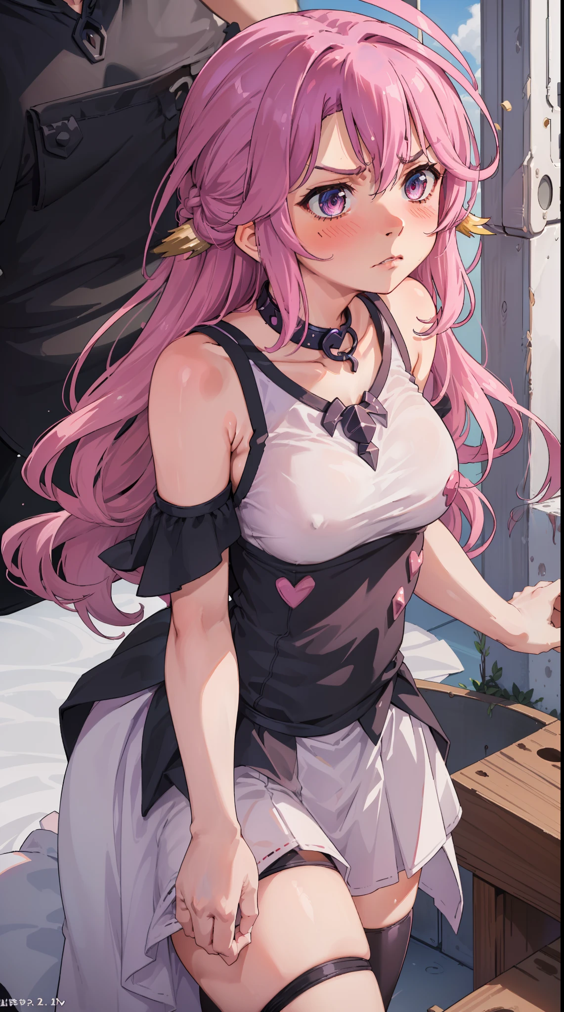 Jibril, ((upper body)), blushed, perfect anatomy, detailed eyes, detailed lips, extremely detailed eyes and face, vivid colors, sharp focus, masterpiece:1.2, ultra-detailed, blushed, ((doggystyle)), (solo), ((dress)), sleeveless, ((((random hairstyle)))), (((disdain, disgust, disappointed))), ((black collar))