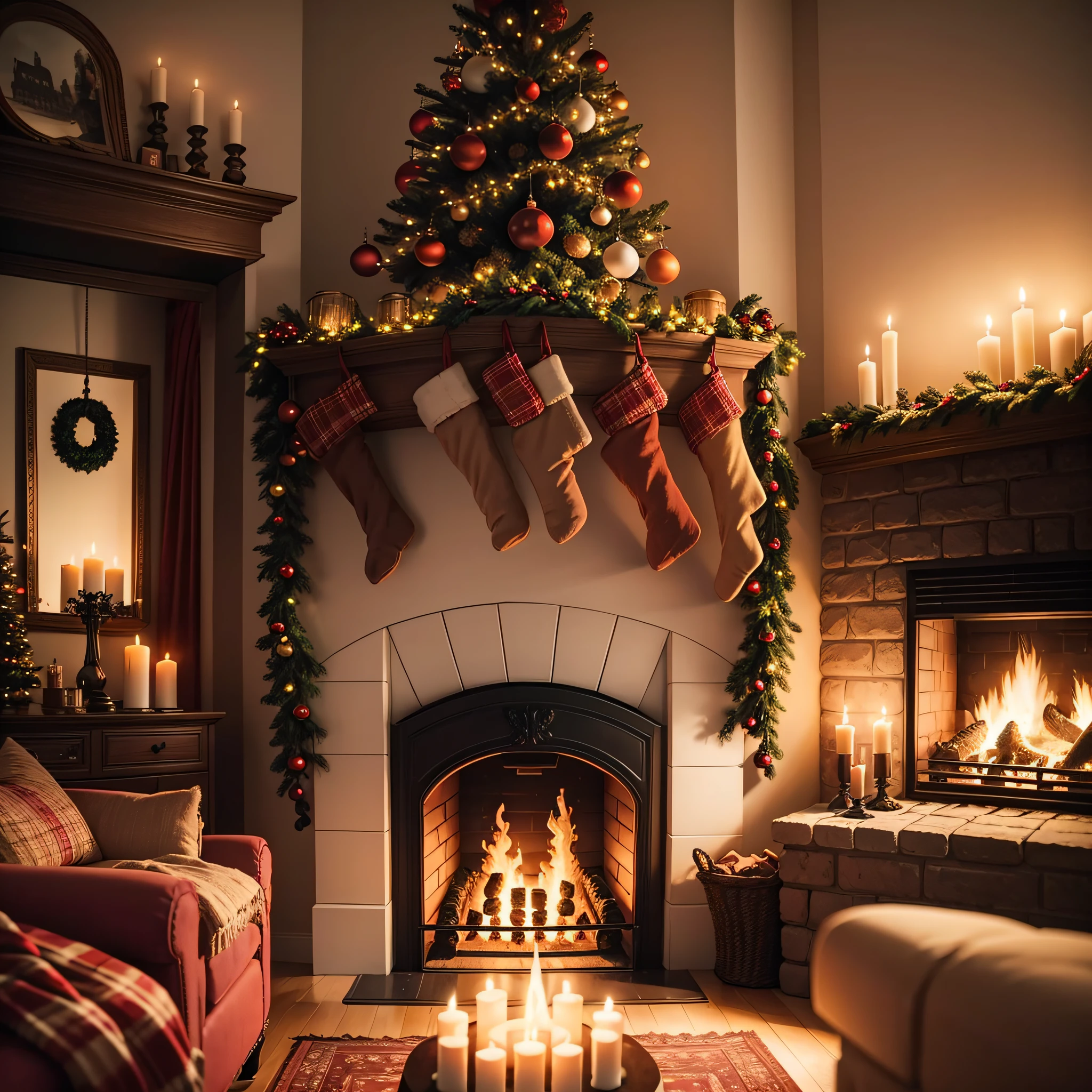 The image shows a cozy living room decorated for Christmas. The fireplace is lit and there is a Christmas tree in the center of the room. The tree is decorated with red, green, and white lights, ornaments, and garland. There is a red armchair in front of the fireplace and a few gift boxes under the tree. The walls are decorated with Christmas stockings and other festive decorations. The overall impression is one of warmth and holiday cheer. --auto