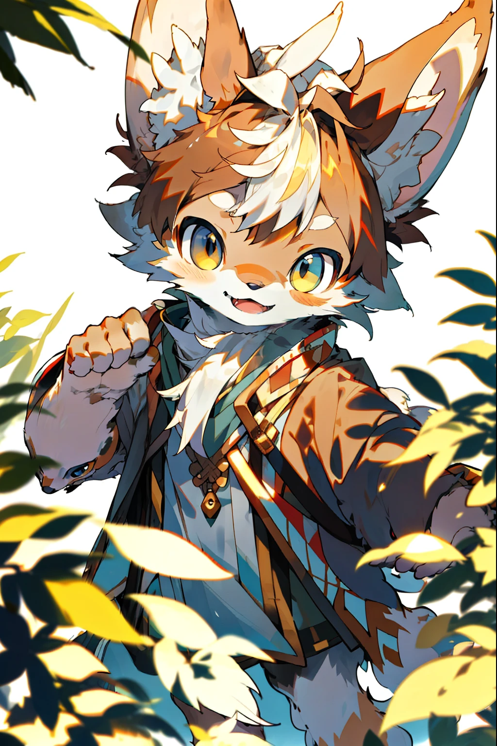 depth of fields,lighting perfect,light particules,(best qualtiy),(tmasterpiece),(ultra - detailed),Sharp focus,light particules,niji,Eyes,gold_Eyes,Looking_at_peeping at the viewer,Smile,Solo,Furry,Animal_Ear_vellus hair,Open_clothes,in a sunbeam,outside,Look ahead,White hair,Brown skin,Barefoot,Huskies,Dogs