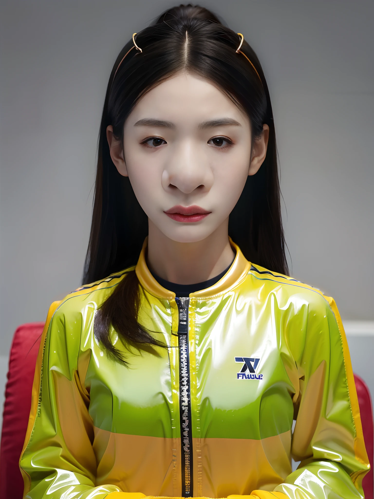 A Chinese high school girl,Wearing PVC yellow casual wear, sportswear, competition wear, motorcycle suit