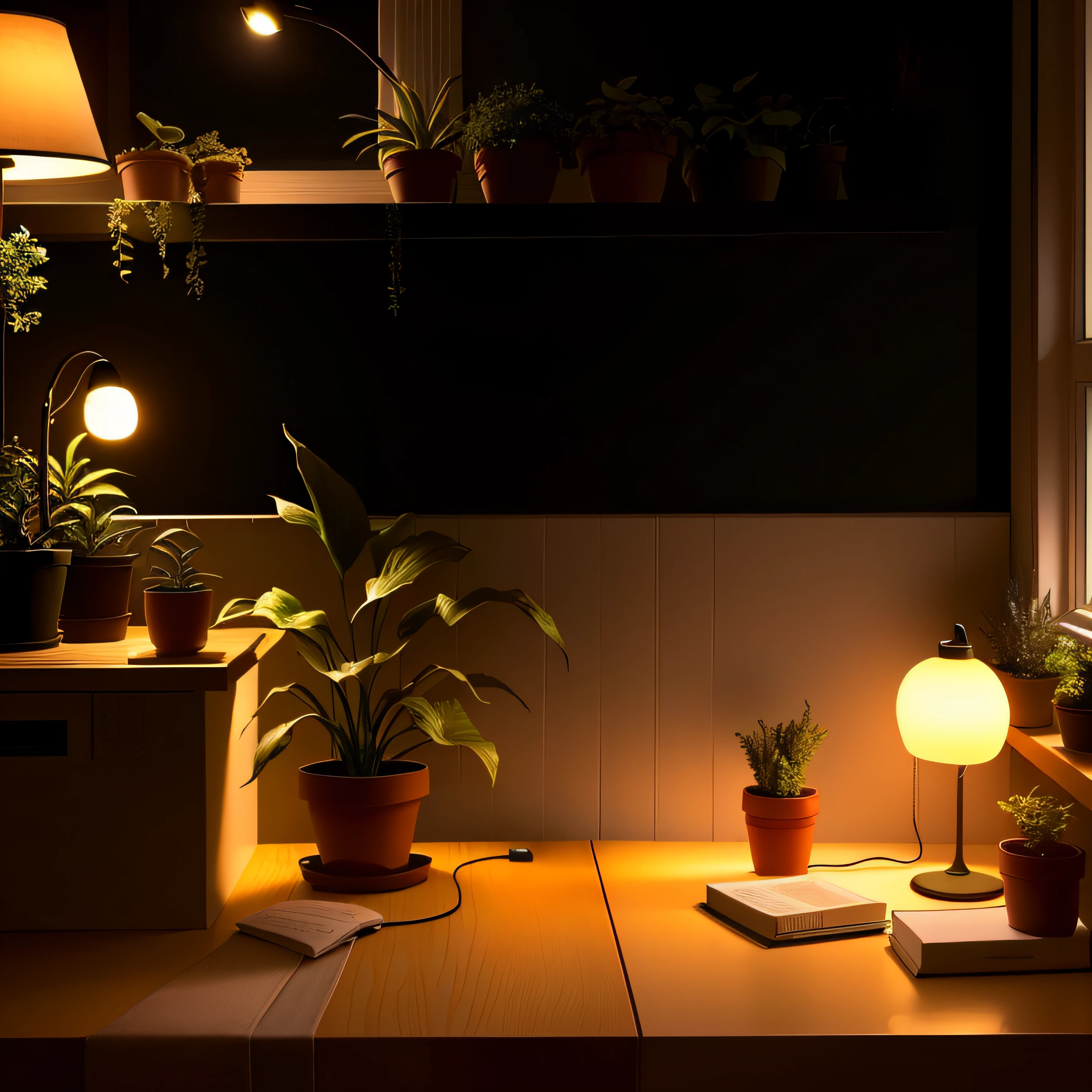 There is a plant sitting on a table next to the lamp, Warm ambient lighting, Warm ambient light, gentle ambient lighting, Bright ambient lighting, slanted lighting from window, mysterious ambient lighting, gentle ambient lighting, artificial warm lighting, Soft warm lighting, warm lighting interior, indoor soft lighting, detailed ambient lighting, warm lighting inside, soft evening lighting