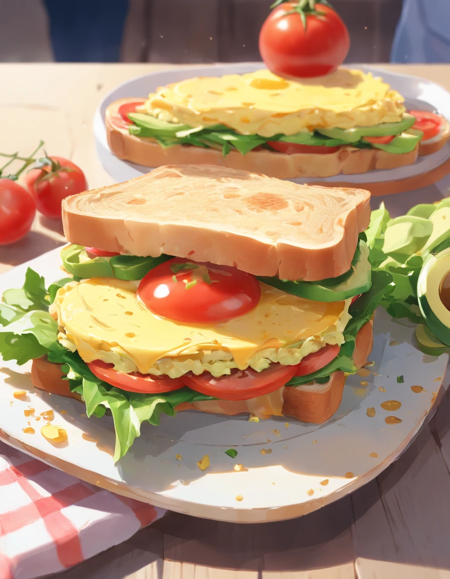 Healthy omelette sandwiches,Omelette with whole wheat bread sandwich，Add lettuce、Tomatoes and avocados，Then sprinkle with a little low-fat cheese,white backgrounid，A subject
