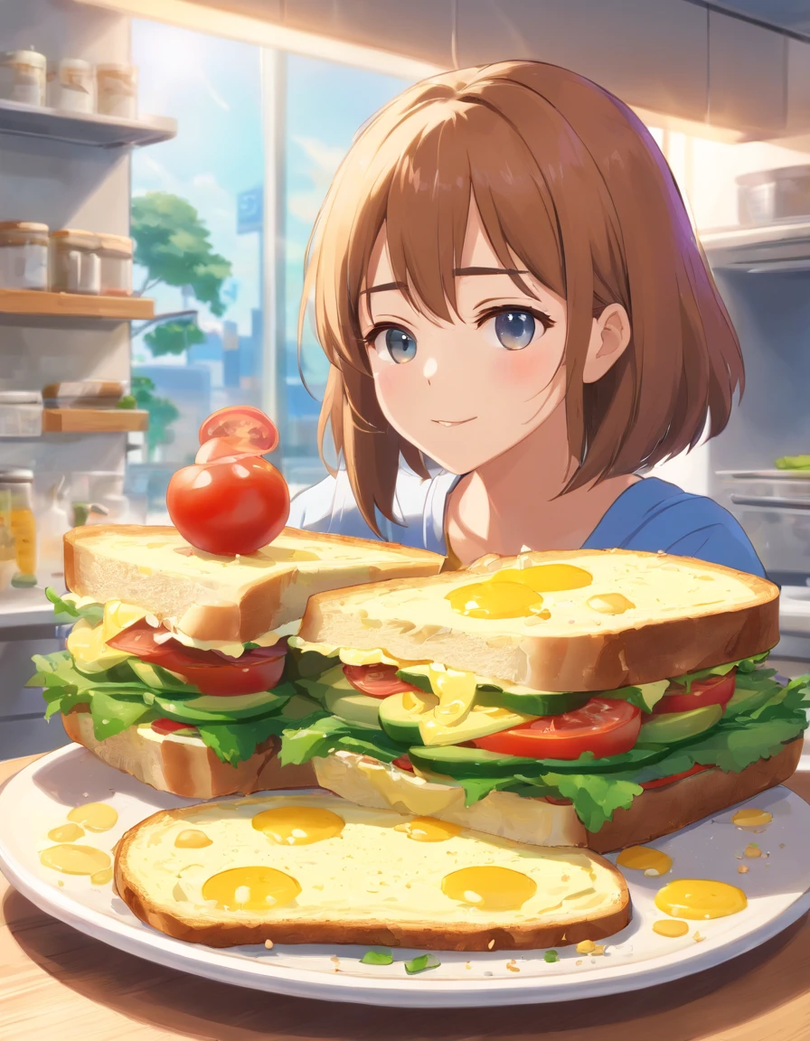 Healthy omelette sandwiches,Omelette with whole wheat bread sandwich,Add lettuce、Tomatoes and avocados,Then sprinkle with a little low-fat cheese,white backgrounid,A subject