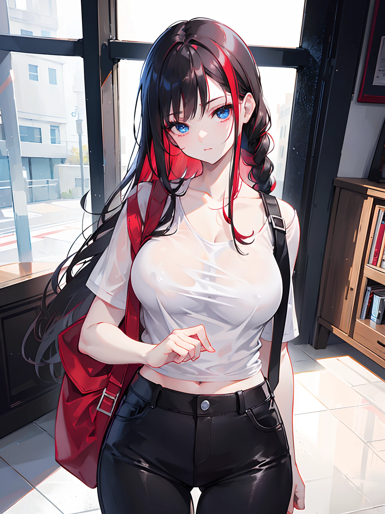 Beautiful long red black hair, Red Highlights, Bright blue eyes ,Show your hands....,18 year old girl,.Big breasts. Wear black trousers..,Left Braid,Taking off my shirt.
