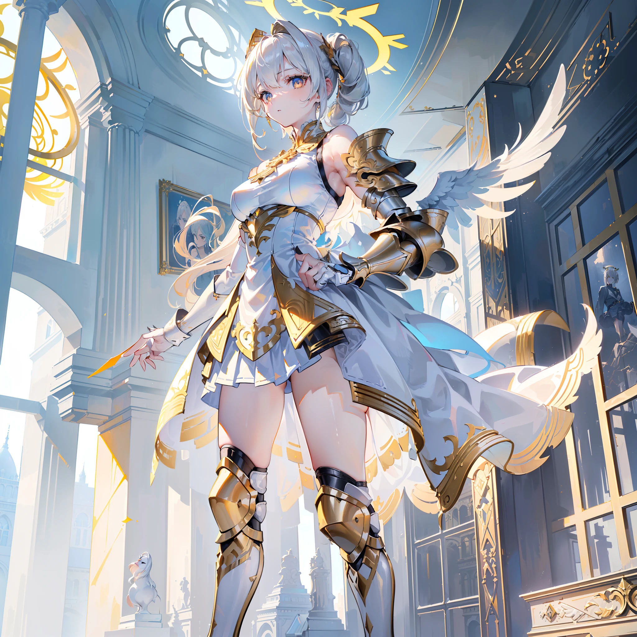 (8K, Best quality, tmasterpiece:1.2),\(eye detailed\),\(Facial features\),(\(Clothes detail details\)\),(Medium breasts),full bodyesbian,(Facial focus) ,Very detailed CG unity 8K wallpaper,hugefilesize,ultra - detailed,A high resolution,absurderes,beautidful eyes,Ray traching,dramatic shadow,finely detailled,Dramatic angles,Hyper-detailing,(1 girl:1.3),(Solo),Tall girl,Platinum blonde hair,waist length hair,Orange-red eyes,high detailed pupils,(A yellow halo hanging overhead:1.3)+(//There are two pairs of angel wings on the back，The shape of the wings resembles the wings of a swan：1.3//)+(high detailed wings),(white dresses，golden trim，skirt pleated：1.4)+(Platinum shoulder pads and knee pads:1.3)+(Valkyrie in heaven:1.3),High heels,(atheletic body:1.2),(standing on white cloud:1.2)+(White Paradise,A building full of classical design:1.3)+[(Inception:1.2)]