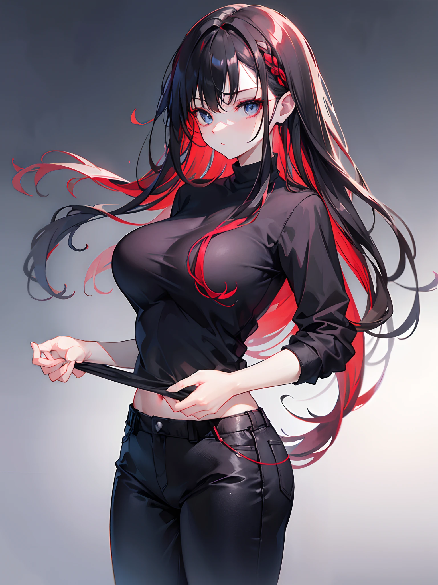 Beautiful long red black hair, Red Highlights, Bright blue eyes ,Show your hands....,18 year old girl,.Big breasts. Wear black trousers..,Left Braid,Taking off my shirt.