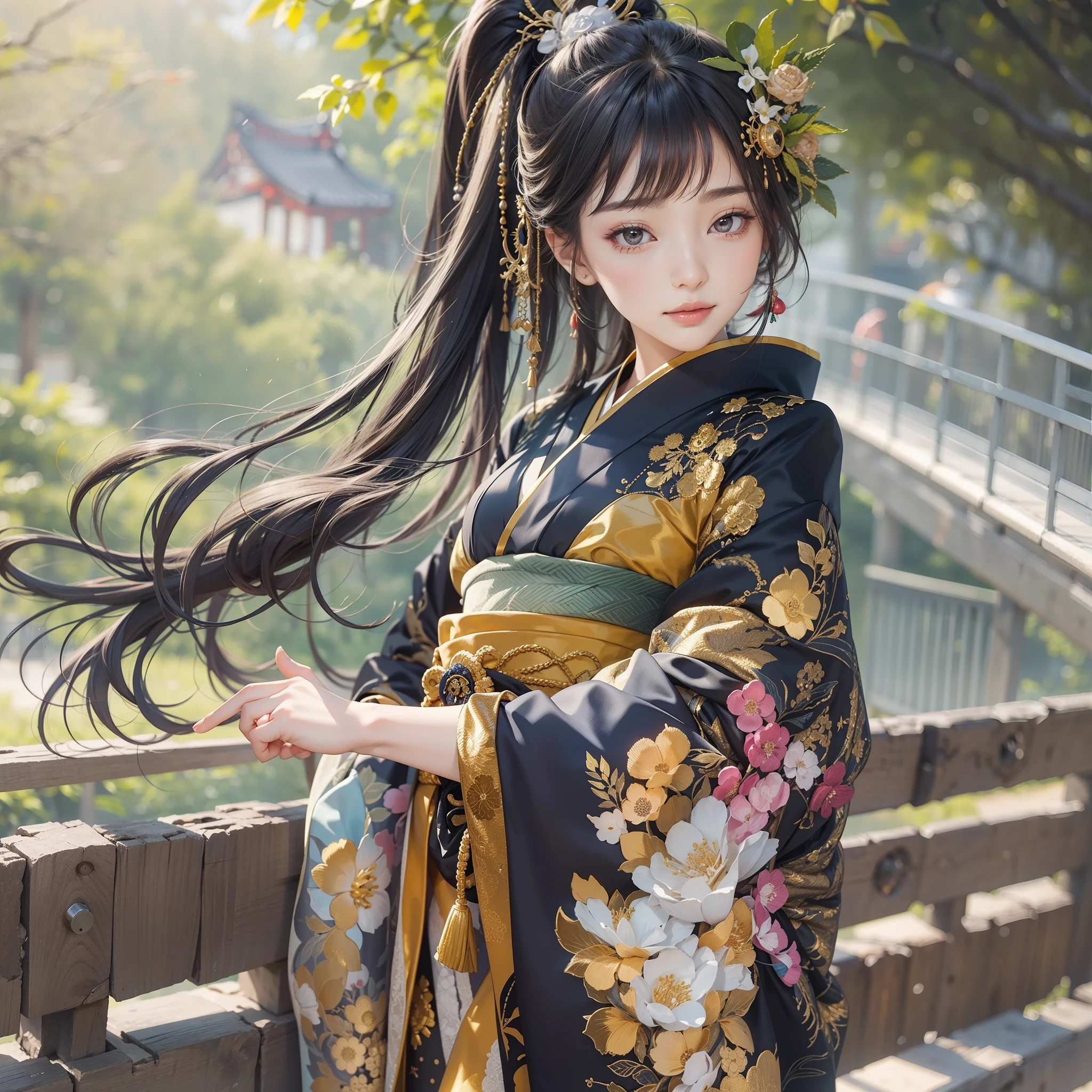 Detailed background(Bridge over a deep valley)、(Gorgeous and elegant backgrounds:1.2), (standing on a bridge:1.5)、BREAK,elaborate costume{Luxury kimono(Colorful kimono(Detailed golden embroidery,))}、(Japanese Idol(actress):1.2)(face perfect:1.2),Depict a beautiful and graceful woman of Japan。glossy dark hair,poneyTail,Heart in the eye。 Wallpapers 16K, .Blur the background with a sickle,((masutepiece)), ((Best Quality)),{{a portrait photo of}},full body Esbian、Faraway view,Like a corporate logo