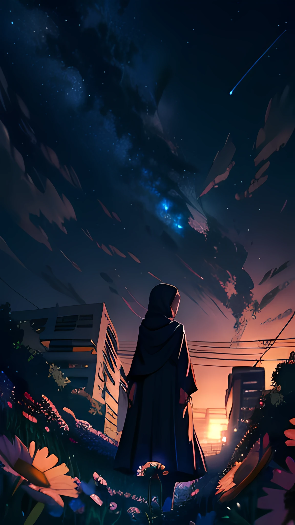 View from below with a view of the sky and street below, muslim girl standing in a field of flowers looking up, Sparkling lighting, Atmospheric Illumination, detailed hijab, million of stars