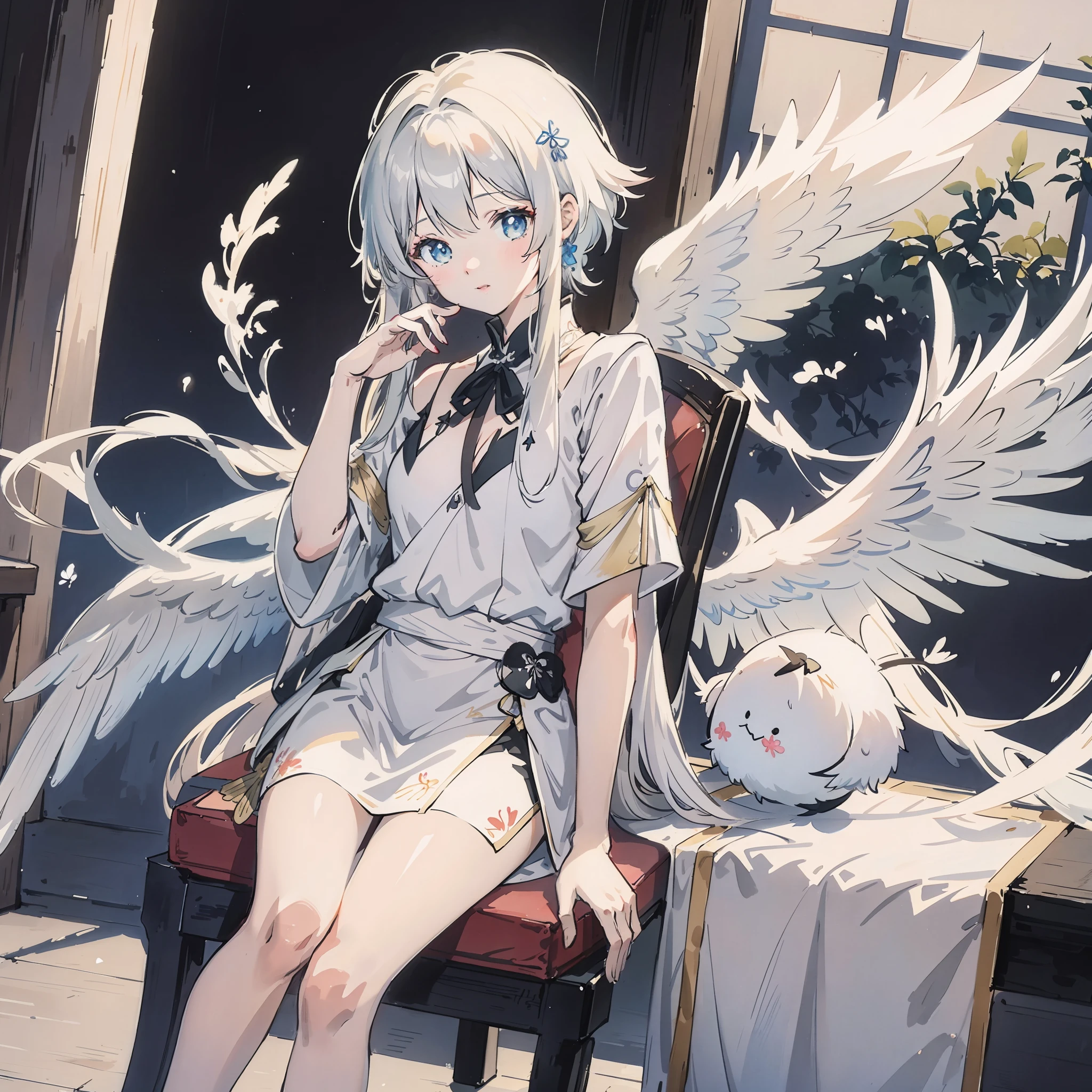 Anime - stylized image of a woman sitting on a chair with wings, From Arknights, Guweiz in Pixiv ArtStation, trending on artstation pixiv, from girls frontline, Digital art on Pixiv, high detailed official artwork, Guweiz on ArtStation Pixiv, Best anime 4k konachan wallpaper, Splash art anime Loli