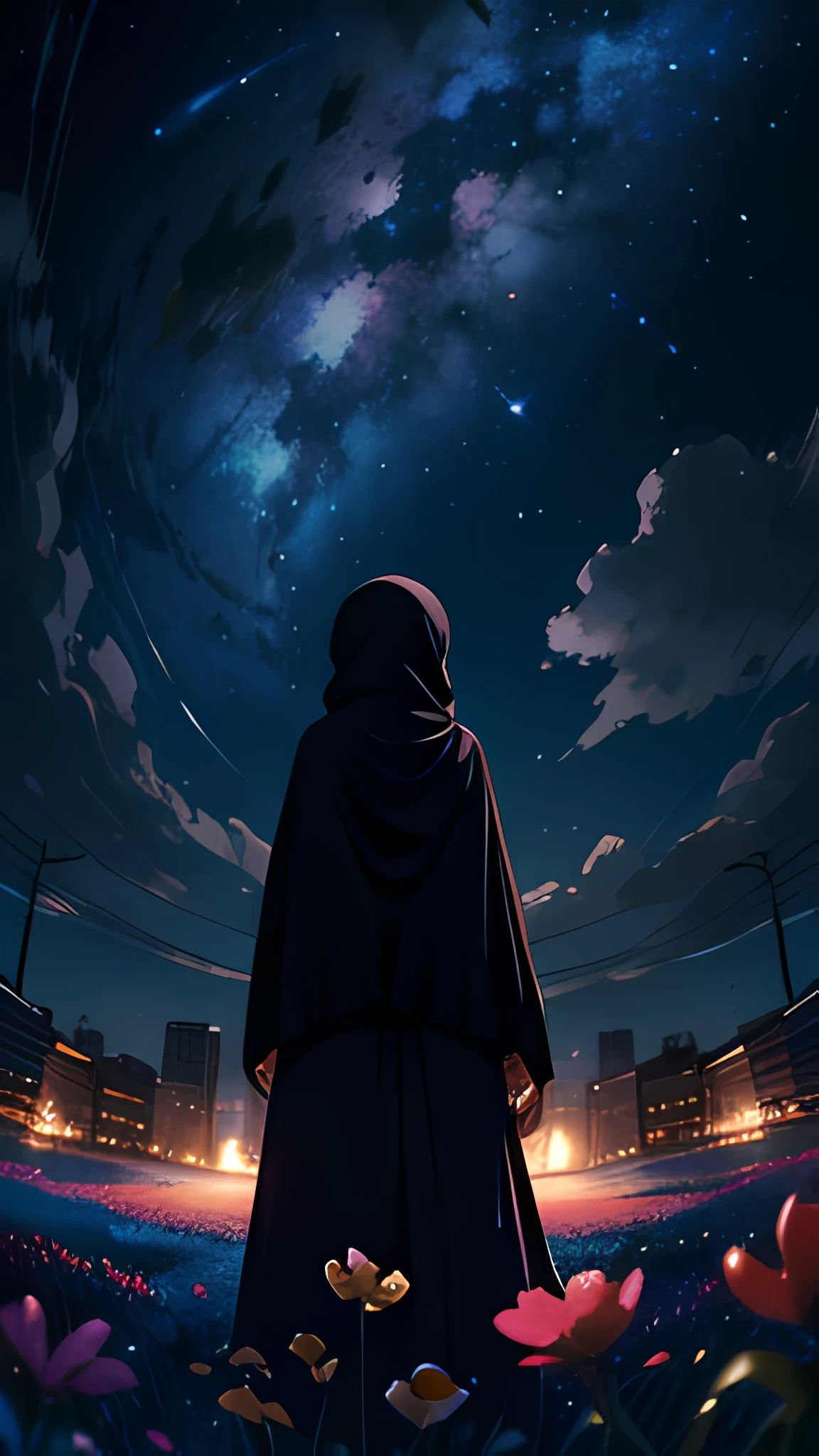 View from below with a view of the sky and street below, muslim girl standing in a field of flowers looking up, Sparkling lighting, Atmospheric Illumination, detailed hijab, million of stars