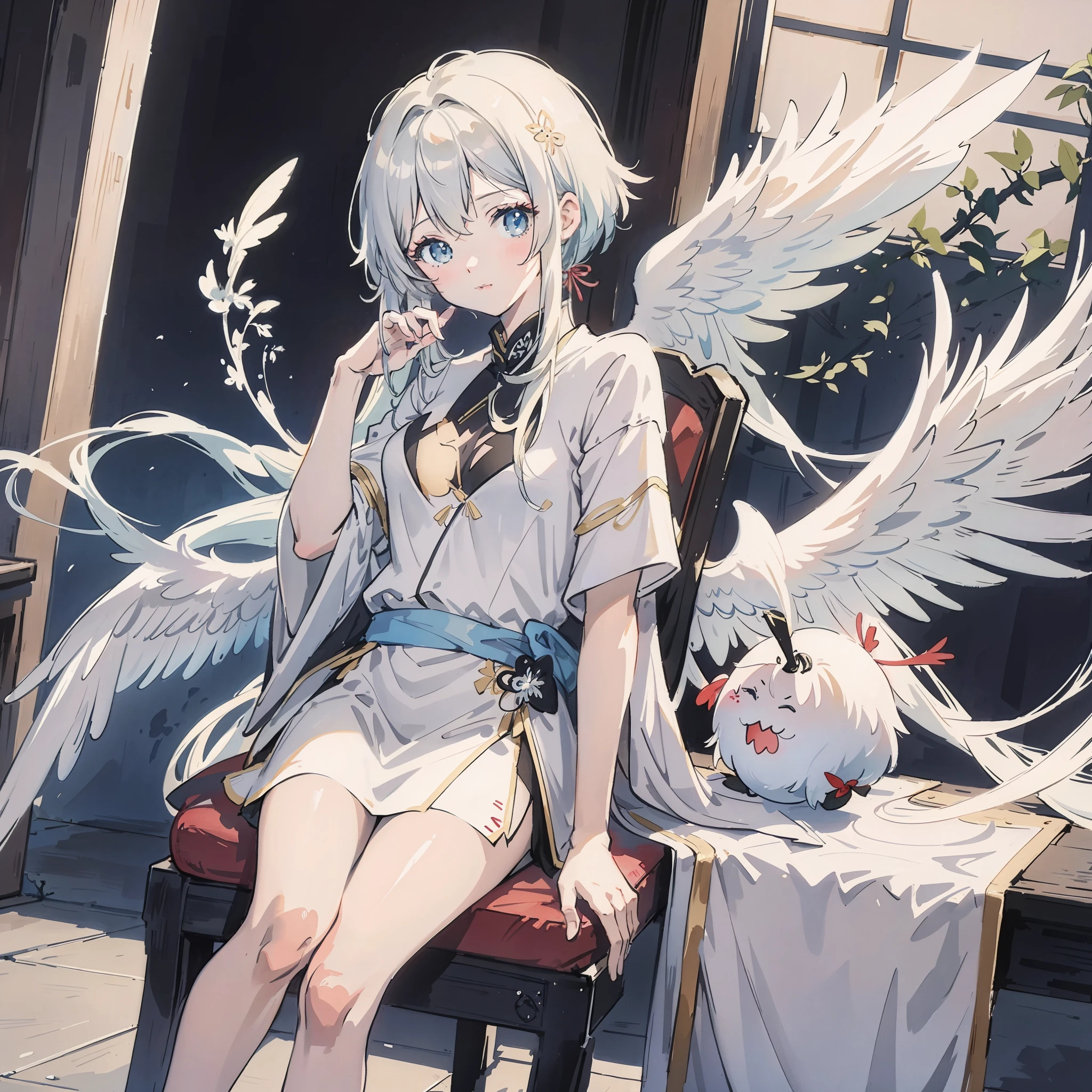 Anime - stylized image of a woman sitting on a chair with wings, From Arknights, Guweiz in Pixiv ArtStation, trending on artstation pixiv, from girls frontline, Digital art on Pixiv, high detailed official artwork, Guweiz on ArtStation Pixiv, Best anime 4k konachan wallpaper, Splash art anime ****