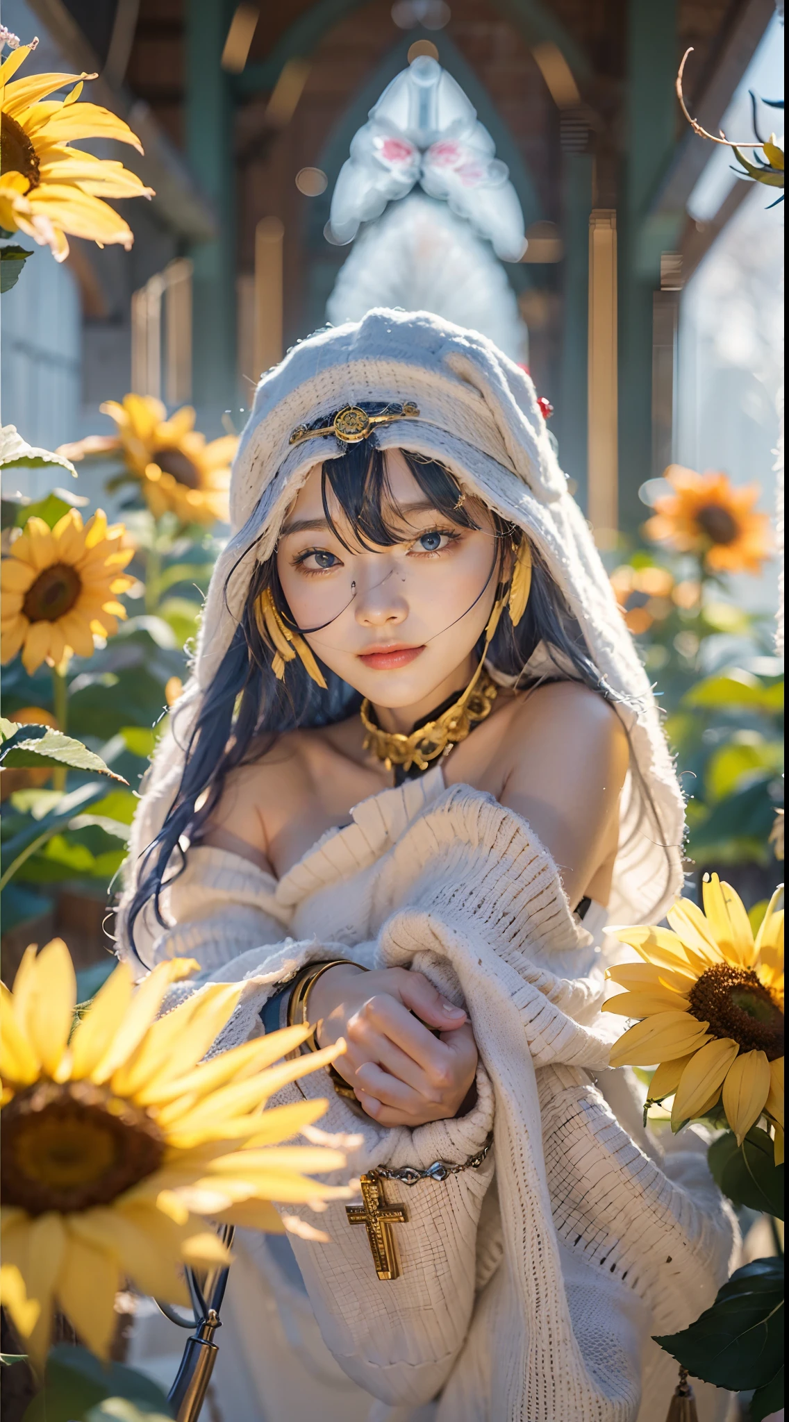 In a very grand scene,The extra-large wide-angle lens captures the appearance of a female centaur。She is a Sunflower Worship nun,Always opposed(Healing emoji smiley face of knitted sunflower puppet😊:99.99)DOA。She is tall,It has the ultimate curvy beauty,The muscles are slender and firm,Beautiful lines。She has(Super huge sky blue eyes:99.99)、always(Wearing sexy glasses:6.66)、(She wears solemn nun attire:9.9)、Stepping on a boot-style skyscraper-heel、A pink cross hangs on his chest。Use Midjourney's advanced tools,Designed for female centaurs(A knitted sunflower puppet and create a super healing cartoon smiley face in the center of the flower tray as a decoration:9.9),and noble and solemn nun costumes,and highlight her unique physiological characteristics and appearance details,Add realism。And in the context of her prayers and listening to confessions,Spectacular views of nature,Such as the sky where storms and sunny days alternate、Brilliant rivers of stars and auroras、The snow-capped summit of Mount Everest、Fireworks in the mountain town, etc。ao mesmo tempo,Away from the hustle and bustle next to the chapel,Create a fantastic scene。Use Midjourney's advanced tools and multiple color palettes、Brush Strokes、Texture tools and model packages,It shows a sense of atmosphere where beauty and charm coexist。The charm of the female centaur is highlighted through color and lines,Enhance realism with detailing,Create a surreal dreamy feeling。Additionally,Use Midjourney's tools to add various exorcism props and books to the female centaur、pergaminhos,Create intricate hairstyles and outfits,Give her a sense of premium。She never flinches,No matter what monster you encounter,can respond quickly,Even the most extreme armies of natural disasters and monsters could not stop her and her front(Sunflower with Tyndall effect that emits sunlight9.99)。Use Midjourney's powerful tools,You can do it with incredible detail and beauty,Bring this ultra-grand and beautiful scene to life。Ultra-grand sc