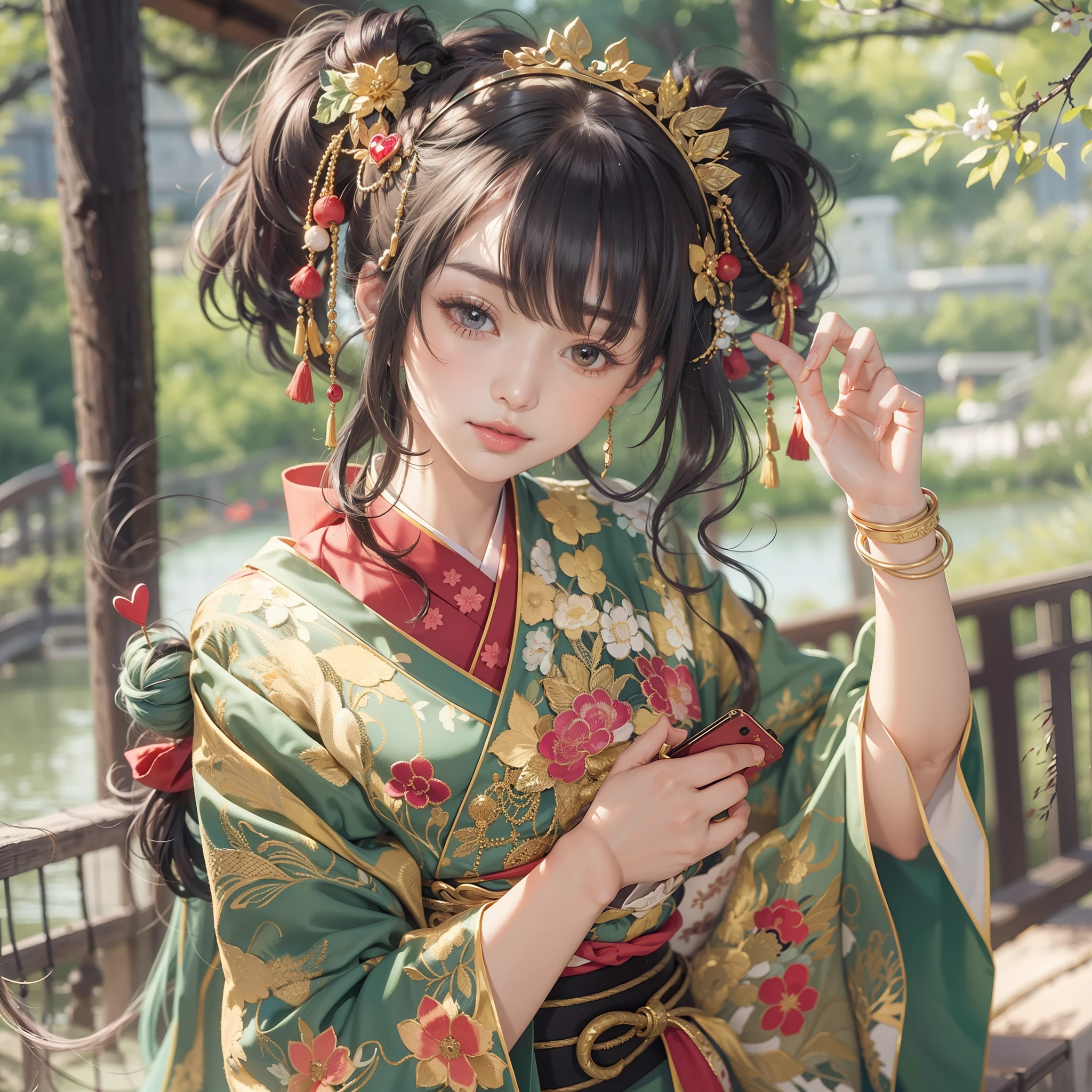 Detailed background(Bridge over a deep valley)、(Gorgeous and elegant backgrounds:1.2), (standing on a bridge:1.5)、BREAK,elaborate costume{Luxury kimono(Colorful kimono(Detailed golden embroidery,))}、(Japanese Idol(actress):1.2)(face perfect:1.2),Depict a beautiful and graceful woman of Japan。glossy dark hair,poneyTail,Heart in the eye。 Wallpapers 16K, .Blur the background with a sickle,((masutepiece)), ((Best Quality)),{{a portrait photo of}},full body Esbian、Faraway view,Like a corporate logo