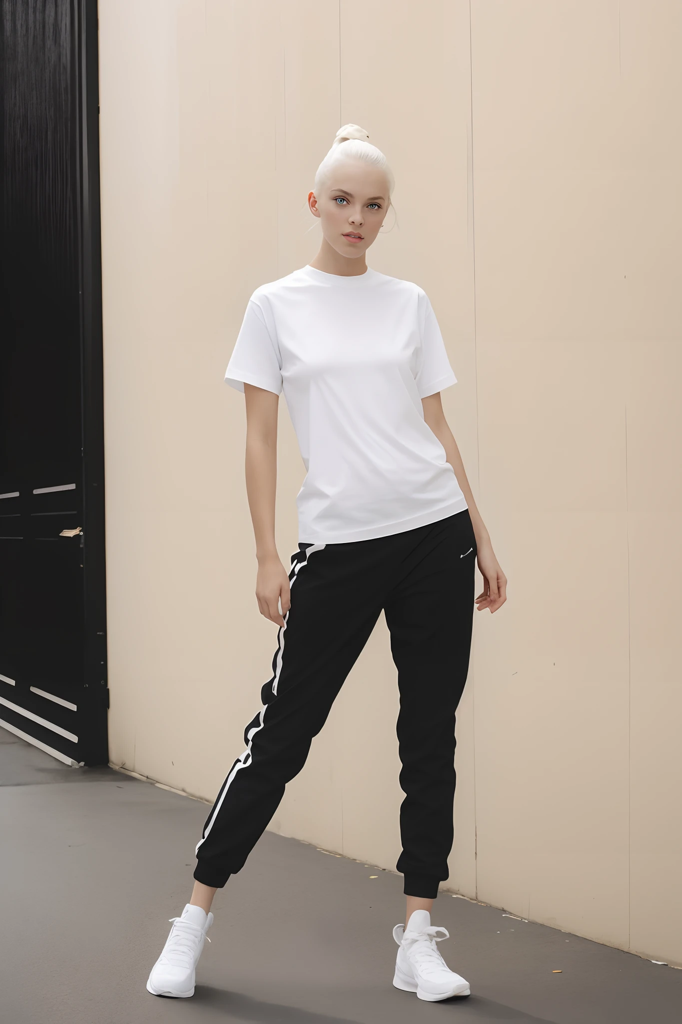 1girl, Young pretty white girl, Hot-top model, longue blonde hair, closed mouth, in a white oversized T-shirt (T-shirt only white) and black Acronym J36-S and Acronym P30A-DS pants and black and white sneakers, body piercings, in the city, (((dynamicpose))), instagram model, 80mm