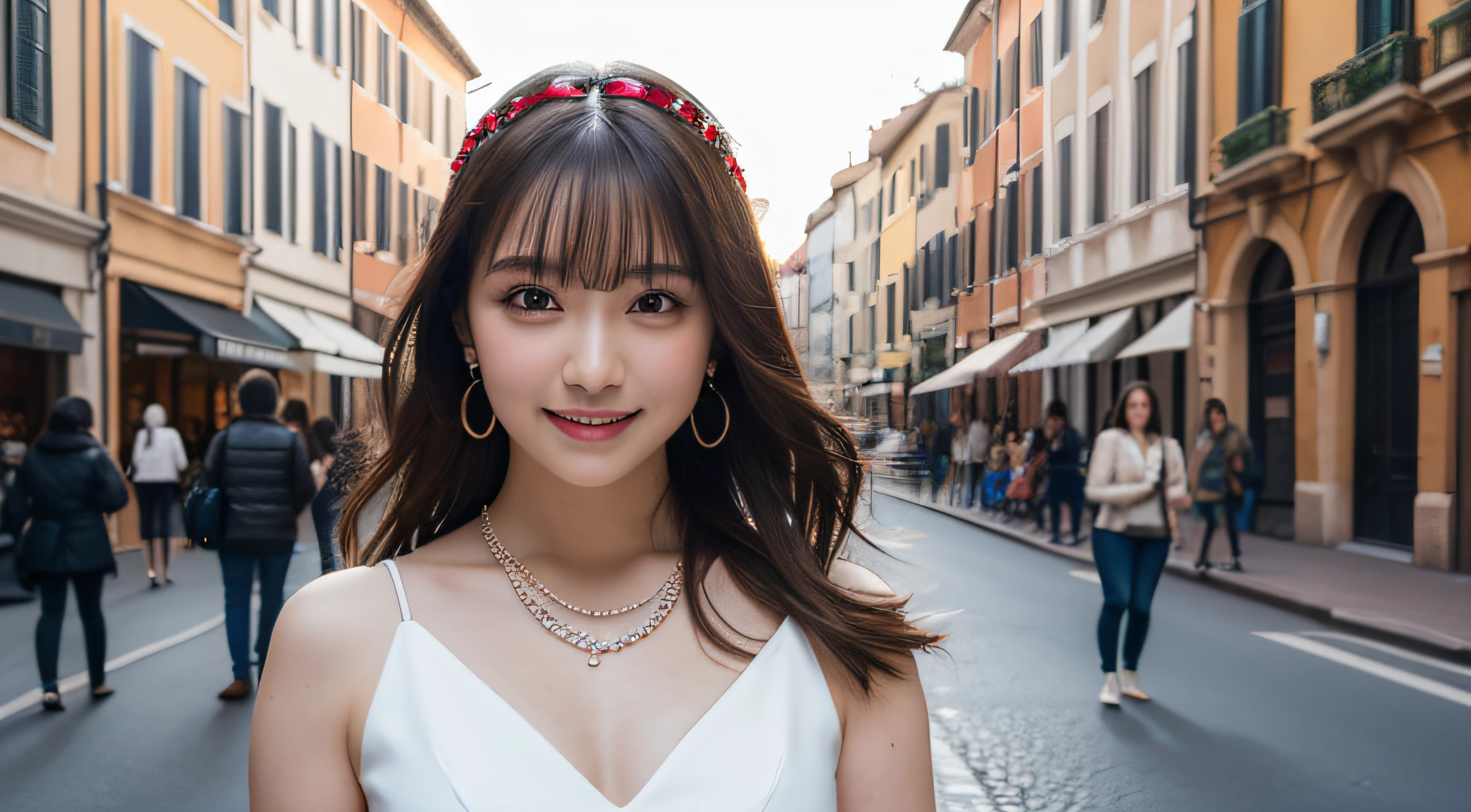 Best Quality, masutepiece, High resolution, 1girl in, Beautiful face, slenderbody、Hair Accessories, Smiling, closes mouth, Beautiful lips, Dress, Hair Accessories, Necklaces, Jewelry, Long hair, earrings, Beautiful face, On the body, Tindall Effect, Realism, Standing by a bright red convertible in the streets of Rome、 Edge lighting, Two-tone lighting, (High Detail Skin: 1.2), 8K UHD, Digital SLR, Soft light, High quality, Volumetric lighting, Photo, high-definition4K, 8K, Clear backgrounds