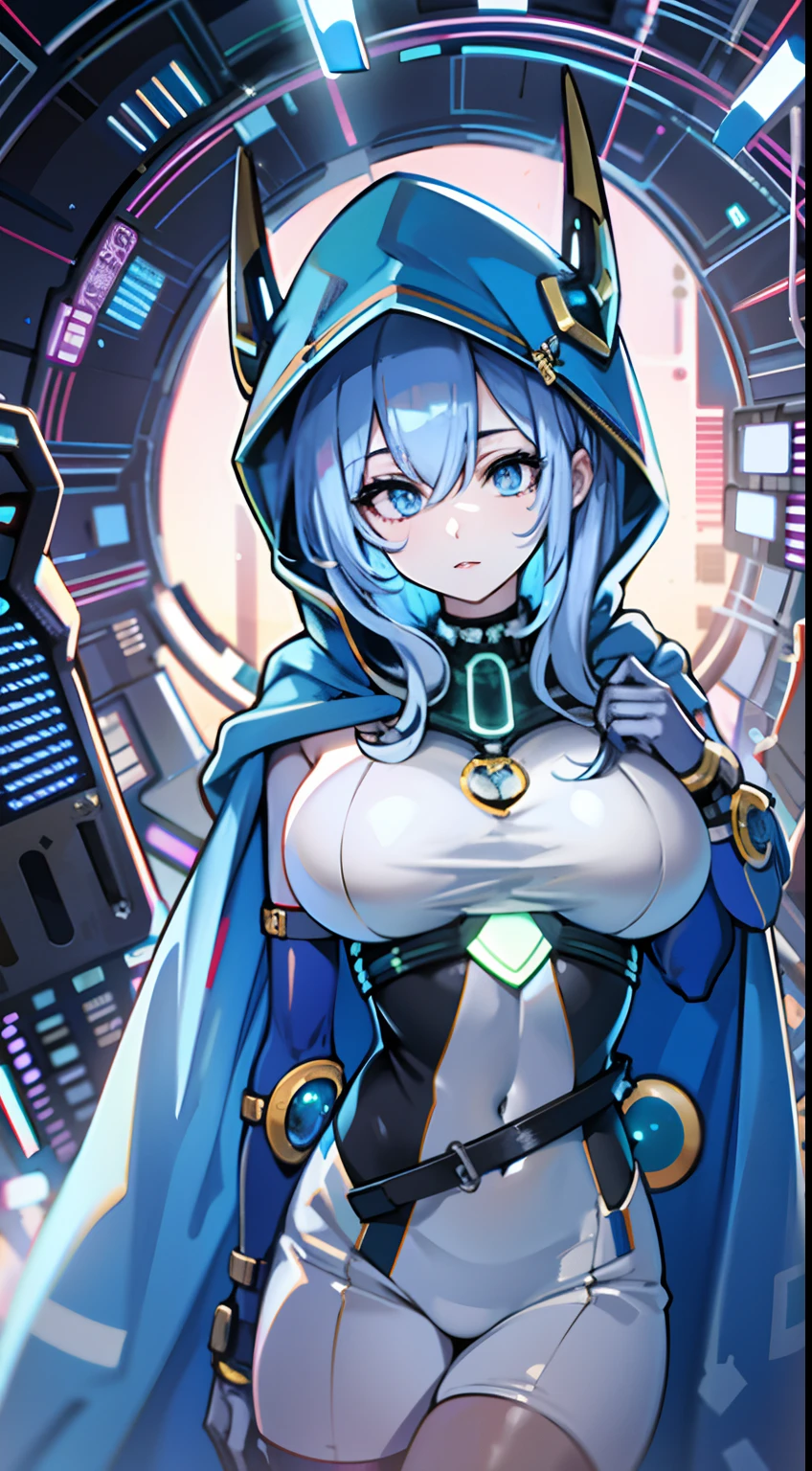 upper body, 1woman, blue hair, Long Haired, blue eyes, (cyber), blue Hood Cape, big breats, wallpaper, Chain background, light particles, (masterpiece), best quality, Top Quality, pale white skin, solo