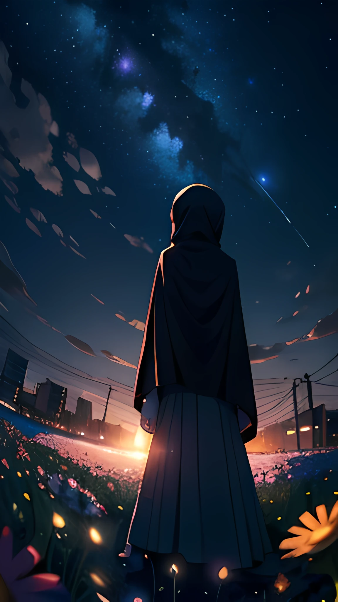 View from below with a view of the sky and street below, muslim girl standing in a field of flowers looking up, Sparkling lighting, Atmospheric Illumination, detailed hijab, million of stars