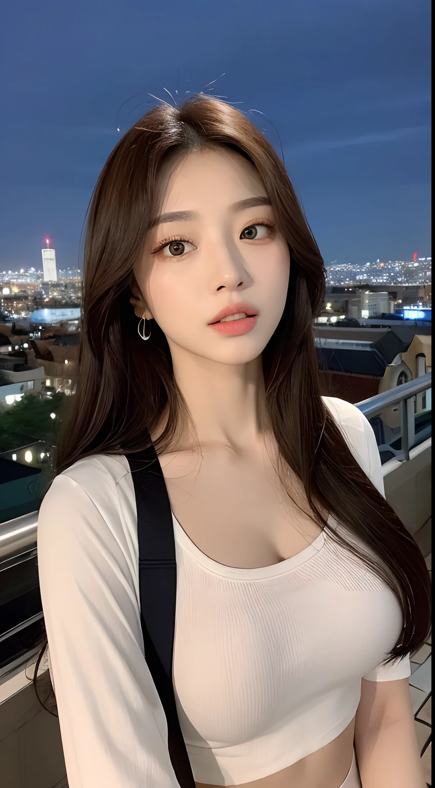 ((Midnight, Best quality, 8k, Masterpiece :1.3)), Whole body, Long legs, Sharp focus :1.2, A pretty woman with perfect figure :1.4, Slender abs :1.1, ((Dark brown hair, Big breasts :1.2)), (White tight tshirt, Jean bib, Standing:1.2), ((Night city view, Rooftop:1.3)), Highly detailed face and skin texture, Detailed eyes, Double eyelid, sunset, darken, backlit, off shoulder
