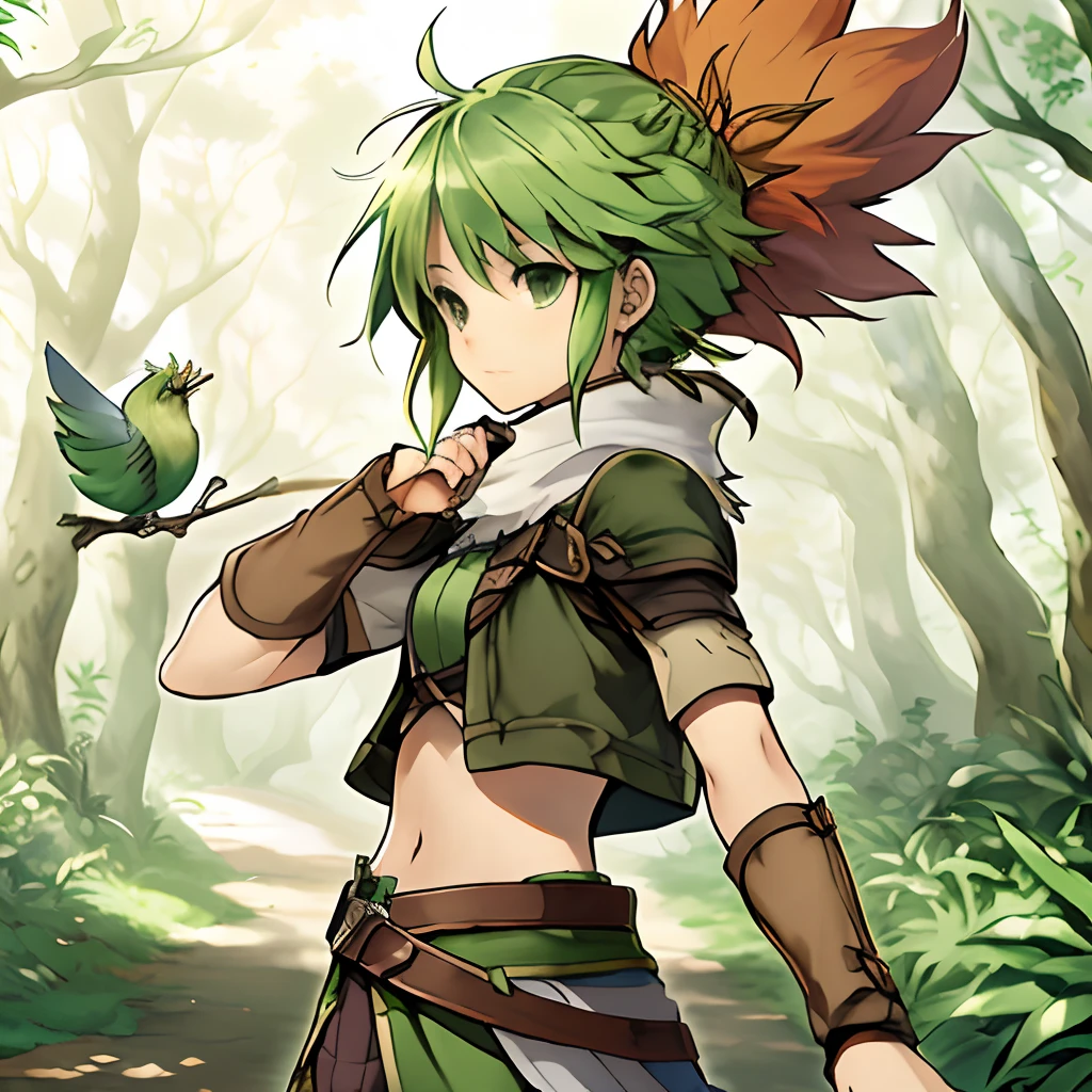 anime girl with green hair and red hair holding a staff, character art of maple story, jrpg character art, jrpg character, emerald herald, crono, art style of dark cloud 2, fantasy hunter, druid, forest hunter lady, secret of mana, art style of rune factory 5, fey queen of the summer forest, hd artwork, rogue anime girl