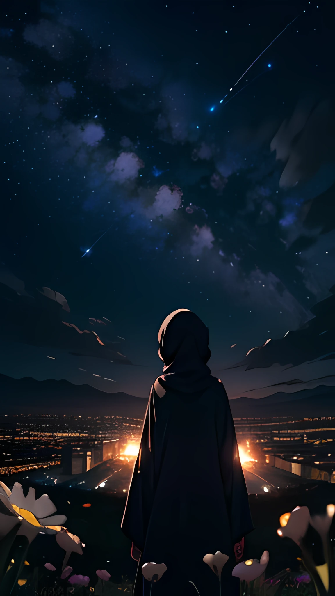 View from below with a view of the sky and street below, muslim girl standing in a field of higland flowers looking up, Sparkling lighting, Atmospheric Illumination, detailed hijab, million of stars, A shooting star visible from the position of the head flowed into the night sky.、The area is pitch dark、In the darkness、masutepiece、realisitic,