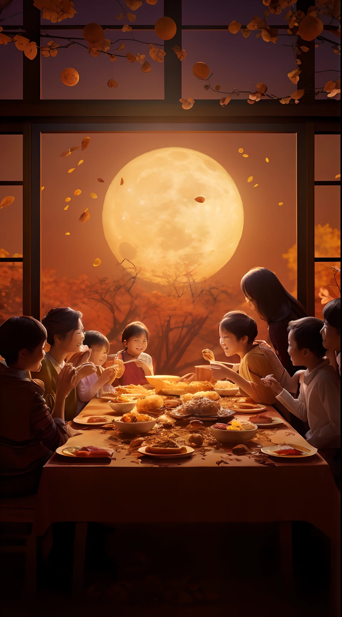 Mid-Autumn Full Moon,Family reunion,The family sits at a round table,Eat mooncakes together,Smiling,There was a big full moon outside the window,extremely detailed face and skin,Heartwarming scene,perfect detail,high-definition photography,Live-action style, hyper HD