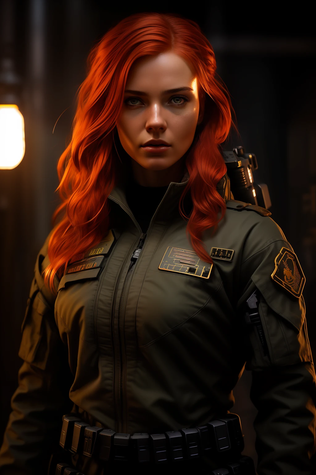cozy, close-up photo of an arafed woman with a rifle in a dark room, redhead female cyberpunk, infantry girl, wojtek fus, female lead character, soldier girl, eve ventrue, stunning character art, epic sci - fi character art, epic sci-fi character art, solo female character, beautiful female soldier, ready for combat, mechanized soldier girl, sci - fi character, cinematic lightning, rim light