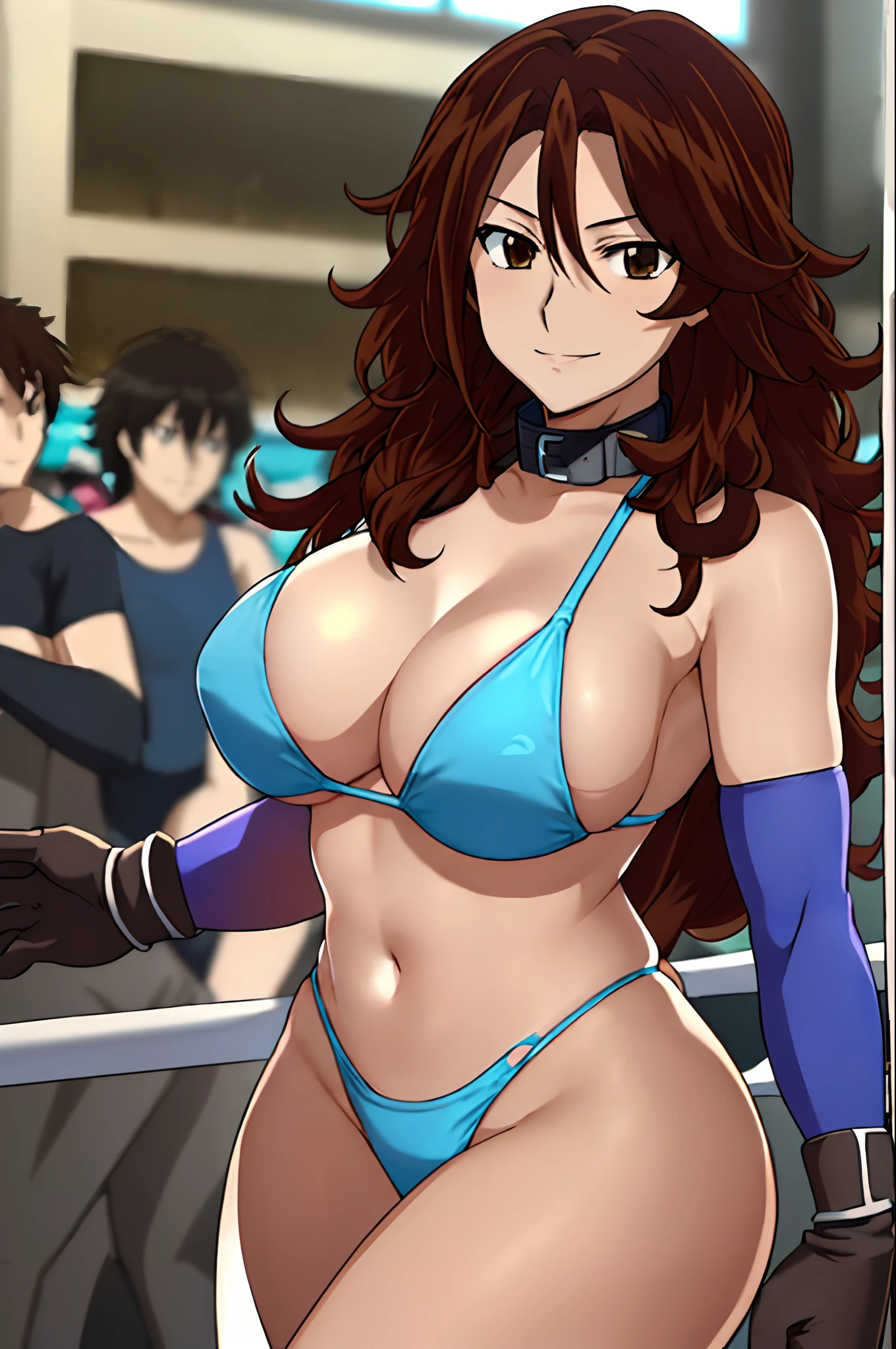 cowboy shot, face view, anime style: 1.8, anime drawing, ultra detailed face, ultra detailed body, 4k, Sumergai Lee Noriega, (standing), best quality, anime style, hires, highest definition, digital blending, bold drawing lines, ((slender body, female wrestler), (location: wrestling arena, crowds watching), (slender body, off-shoulders), mature woman, ((blue wrestling gear: blue micro bikini, boots, gloves, collar band, black bikini)), victorious, winner, smile, (big breasts), (big eyes, brown eyes), (warming up), (tilt head, curly hair, wavy hair, long hair, missy hair), 27 years old,